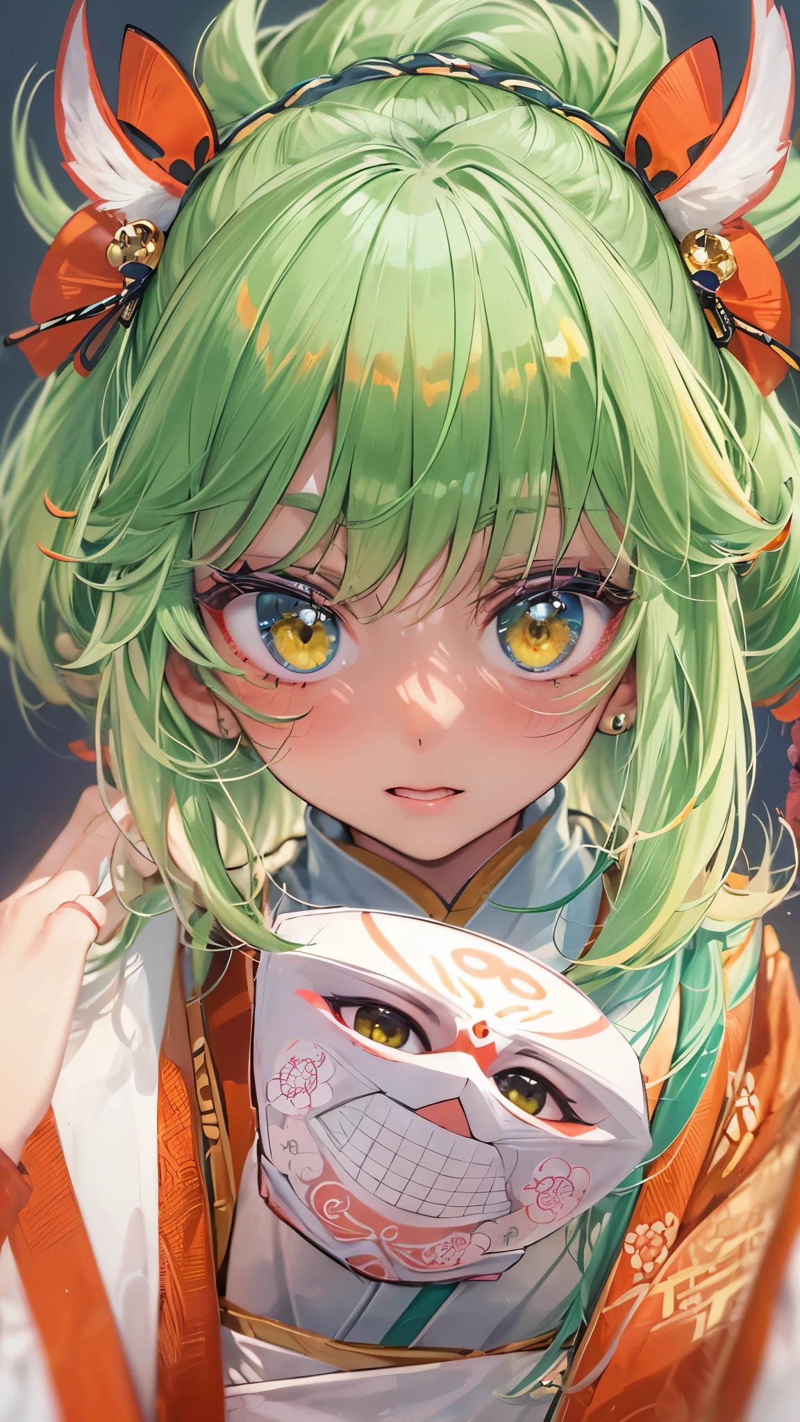 (solo:1.3 Kabuki actors, kabuki hair green hair immensely cute girl, , ((kabuki makeup face)), cute yellow eyes, in a immensely green kabuki uniform) is (((playing female roles at Hakataza Theater))), break, perfect anatomy, masterpiece:1.2, best quality, 8k, beautiful detailed grow, daydreaming expression.