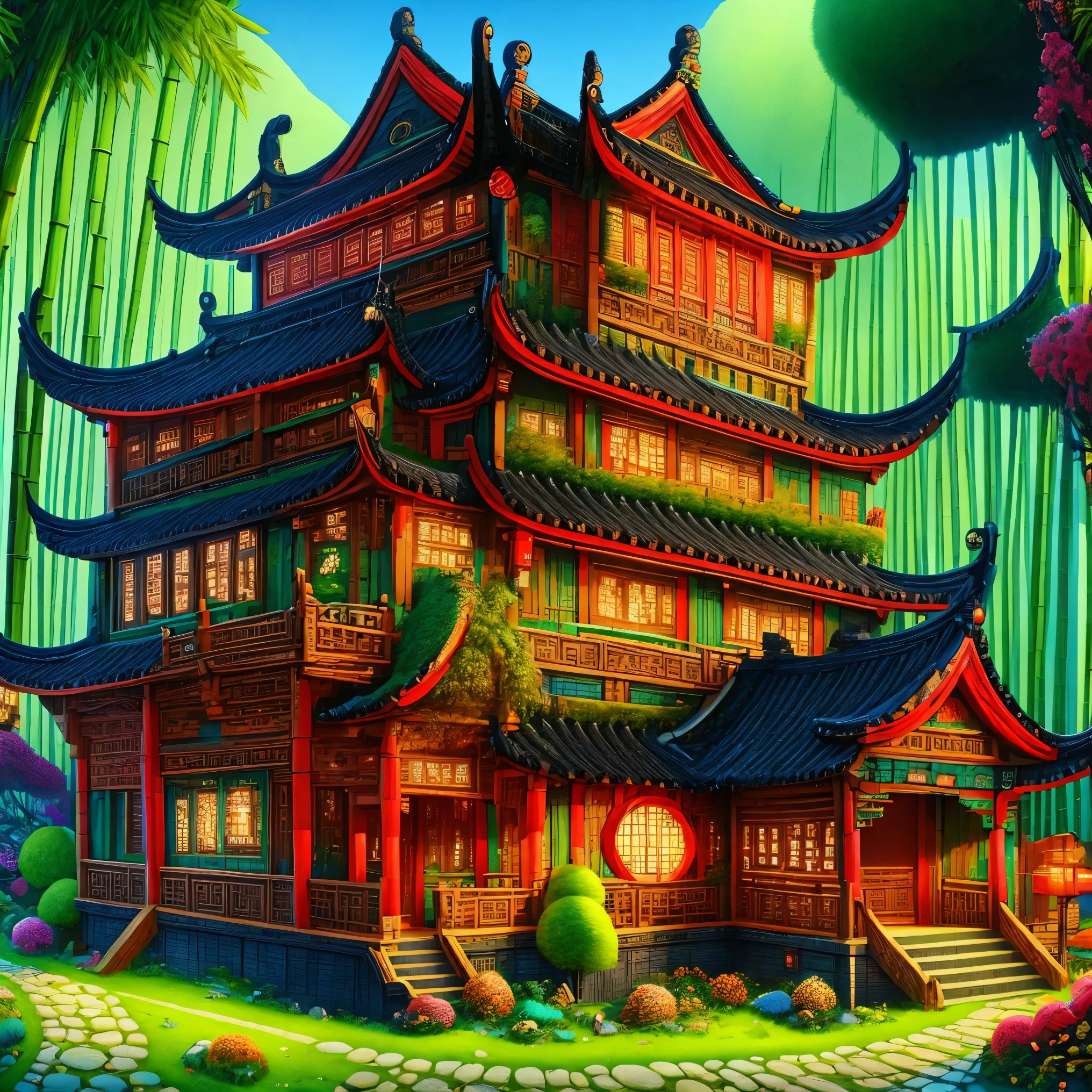 3d，Cartoon，ancient Chinese house，bright colors，traditional building，bamboo forest，Black tile roof，Flower path，wood carving，warm light，Fantasy，whimsical，composition，masterpiece，Exquisite，Color，Amazing visual effects，Crazy details，intricate details，HD