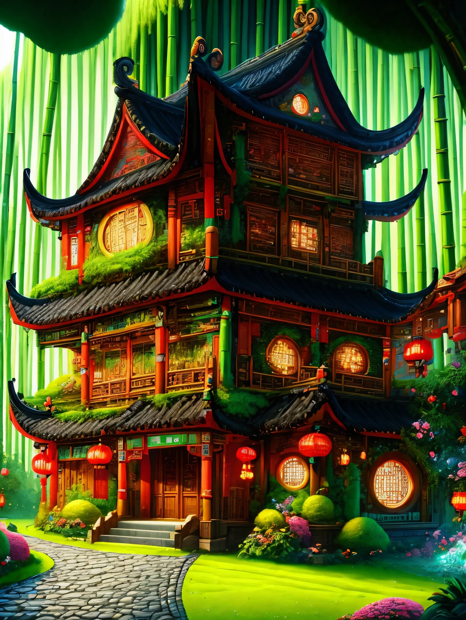 3d，Cartoon，ancient Chinese house，bright colors，traditional building，bamboo forest，Black tile roof，Flower path，wood carving，warm light，Fantasy，whimsical，composition，masterpiece，Exquisite，Color，Amazing visual effects，Crazy details，intricate details，HD