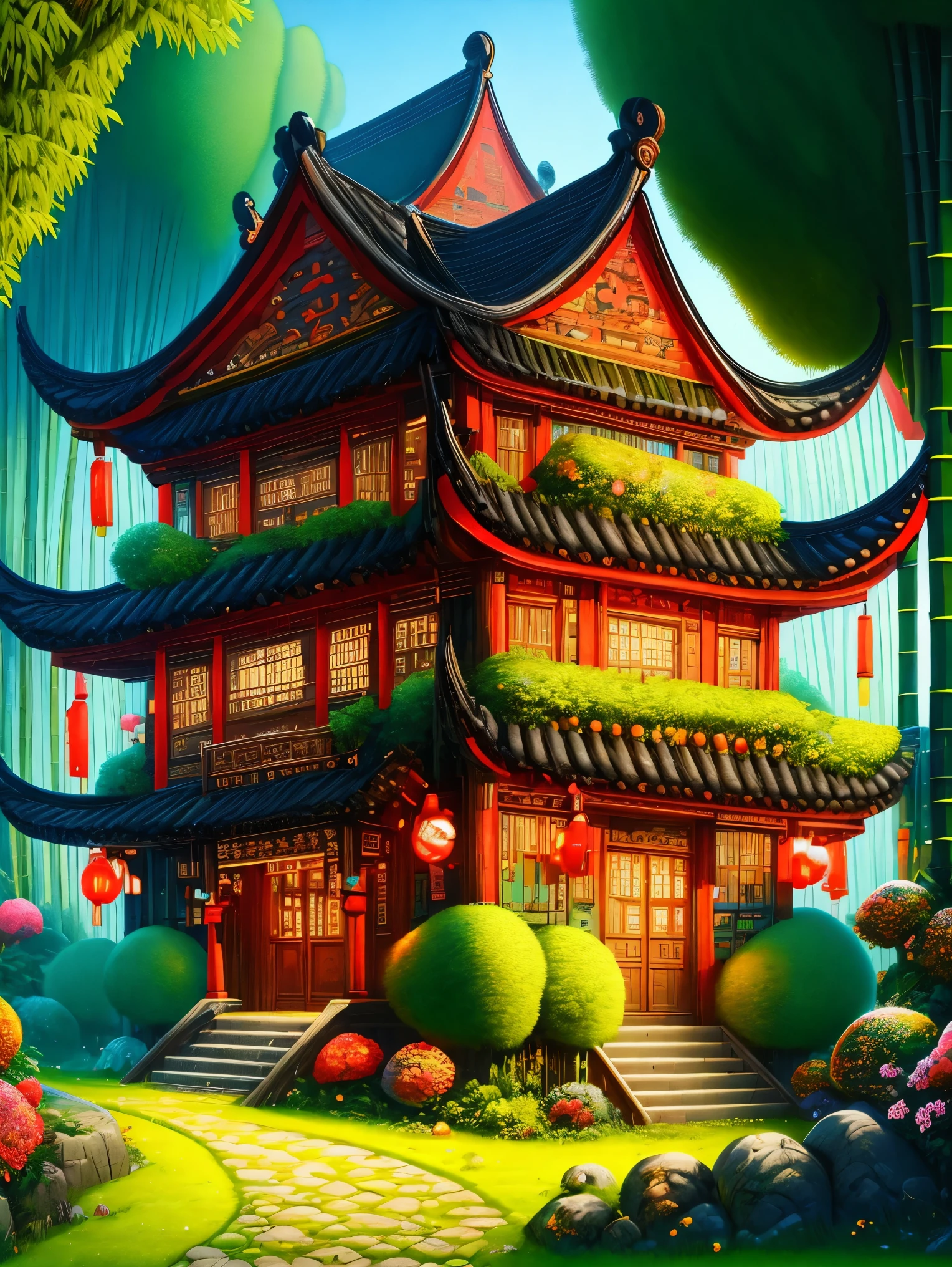 3d、Cartoon、Ancient Chinese houses、bright colors、traditional building、bamboo forest、Red-brown、Black tile roof、Flower path、round window、wood carving、warm light、Fantasy、whimsical、composition，masterpiece，Exquisite，Color，Amazing visual effects，Crazy details，intricate details，HD