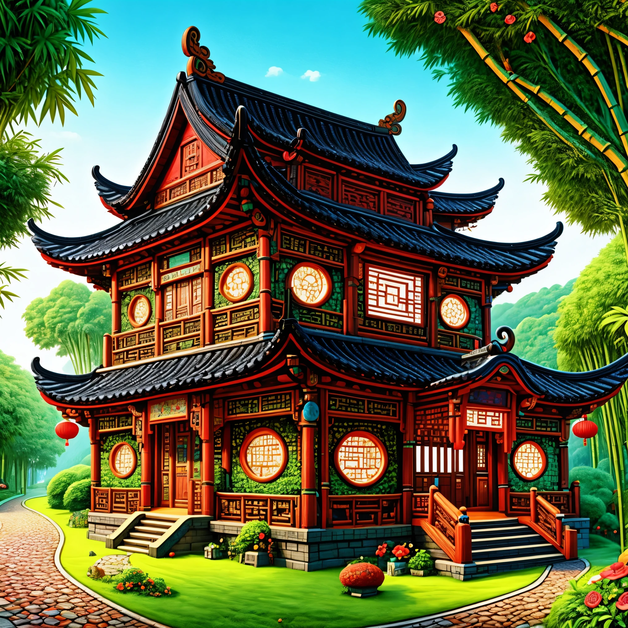 3d、Cartoon、Ancient Chinese houses、bright colors、traditional building、bamboo forest、Red-brown、Black tile roof、Flower path、round window、wood carving、warm light、Fantasy、whimsical、composition，masterpiece，Exquisite，Color，Amazing visual effects，Crazy details，intricate details，HD