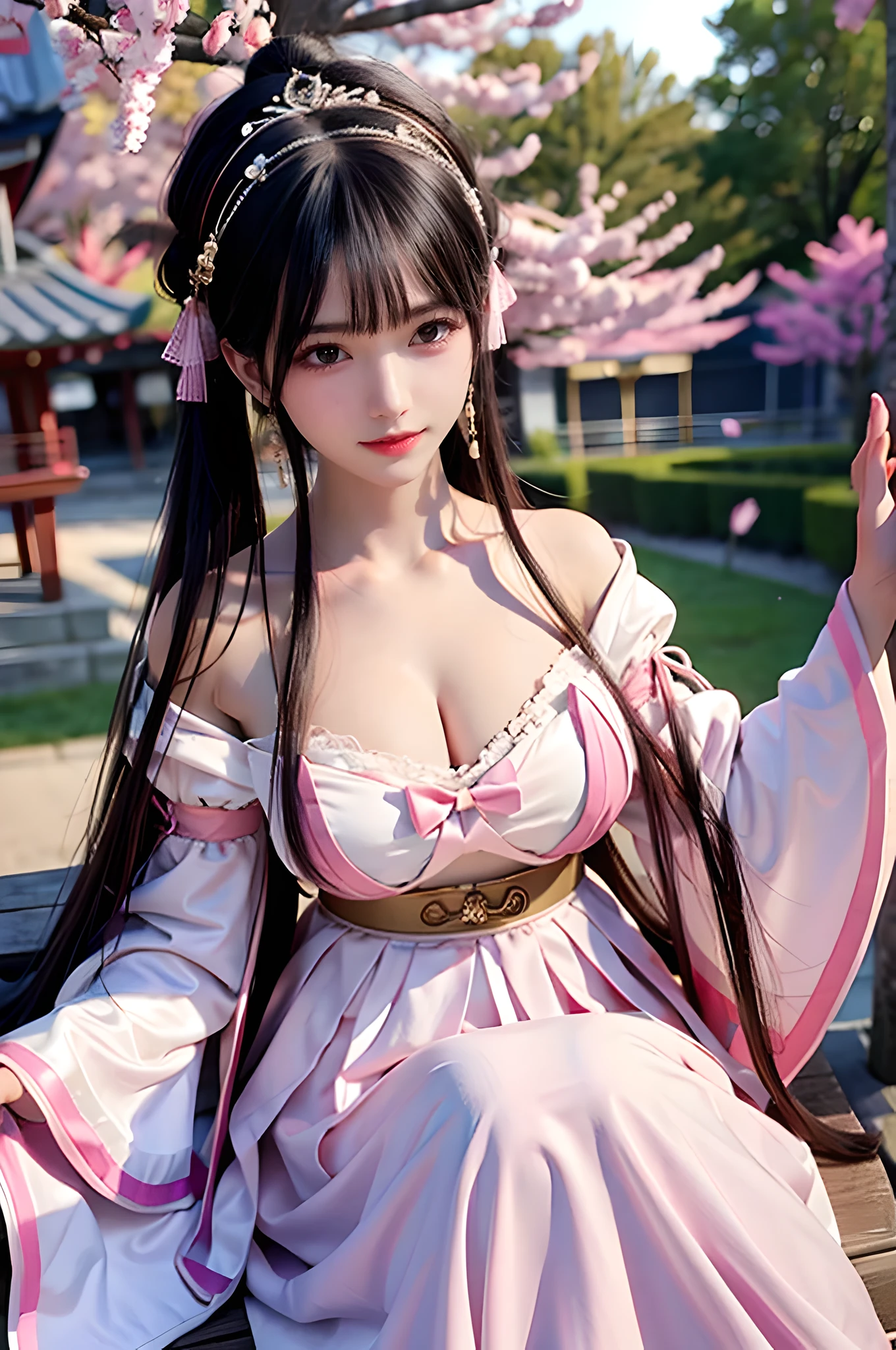 (ulzzang-6500-v1.1:0.4), 1 girl, kpop idol, Yae Shrine Maiden,Detailed face,Long legs shot,whole body, masterpiece, best quality, (Extremely detailed CG unified 8k wallpaper, masterpiece, best quality, super detailed, best shadow), (Detailed background), (beautiful Detailed face, beautiful and delicate eyes), high contrast, (best lighting, extremely delicate and beautiful), Detached sleeves, pink hair, long hair, best quality, (lifelike:1.2), (hair accessories:1.35), jewelry, purple eyes, earrings, big breasts, Torii, Cherry blossoms, lantern light, depth of field, Detailed face, Face focus, (looking at the audience:1.25), skin shiny, long sleeves