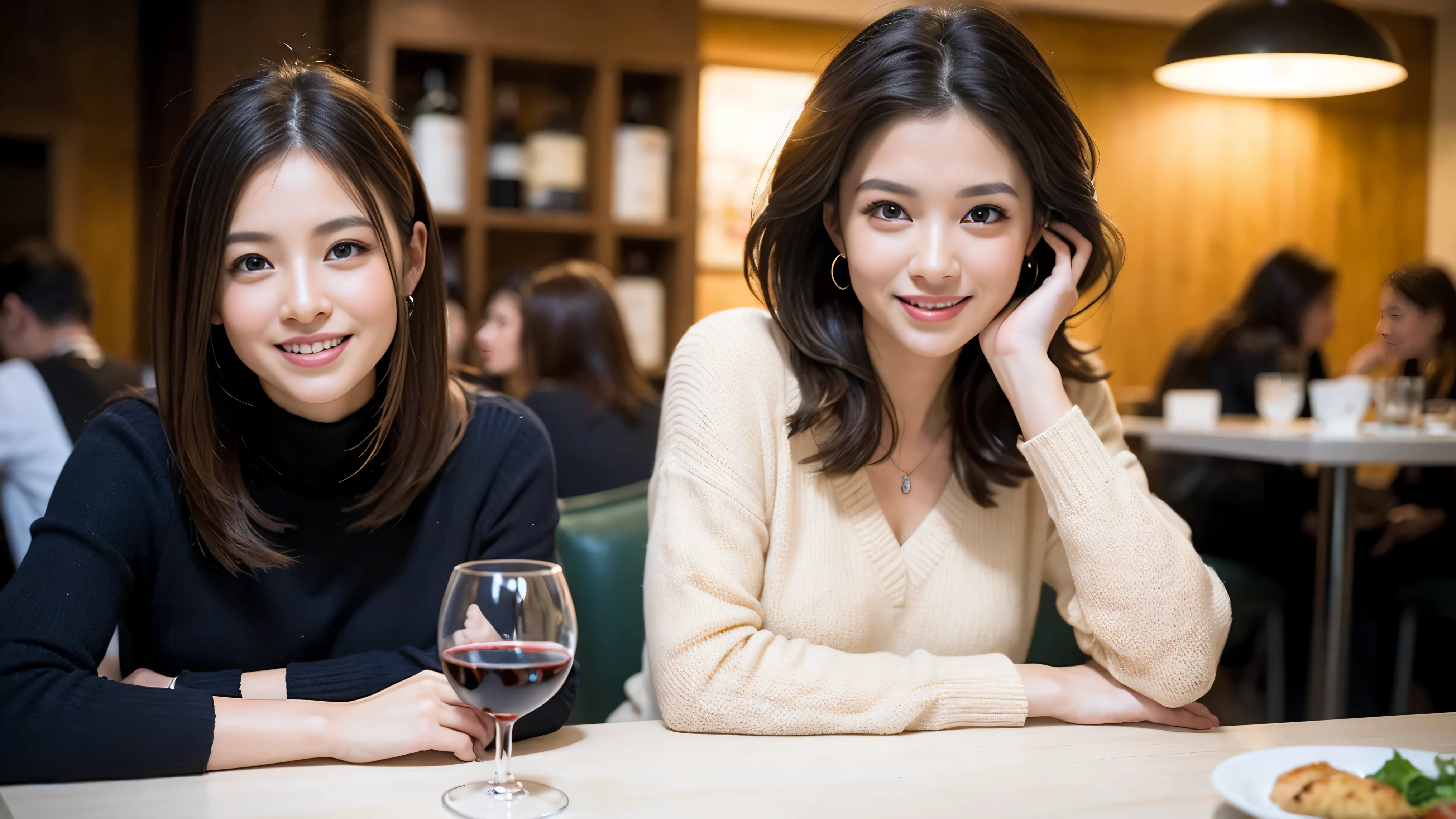 (including 64k、nffsw、highest quality、masterpiece:1.2)、(realistic、Photoreal:1.37)、Super detailed、wine glass、while enjoying wine、mature woman、two beautiful women、(slim face)、(because I'thin)、（brown hair）、(shortcut)、Latino、smileのフランス人女性、happy italian girl、british woman、Americana、cheeks slightly red、(36 years old)、39 years old、red wine、窓の外には美しく緻密なnight景が広がります.........、restaurant、目立つ場所にあるwine glass、night、(from the waist up)、sit on top、date、(laughter:1.15)、fine and beautiful eyes、cashmere sweater、long sleeve dress、Japanese、(short hair:1.2)、Float NovaFrogStyle、、modeled、from the waist up、White wine、turned into slime、wine glass、超綺麗なnight景、wine glassを真ん中に置きます、smile、(8k、RAW photo、highest quality、masterpiece:1.2)、(realistic、Photoreal:1.37)、Super detailed、超A high resolution、2 females、see the beholder、beautiful and detailed face、laughter、narrow、(slim waist) :1.3)、knit shirt、Fine and beautiful skin、skin texture、floating hair、professional light needle breast、kind eyes