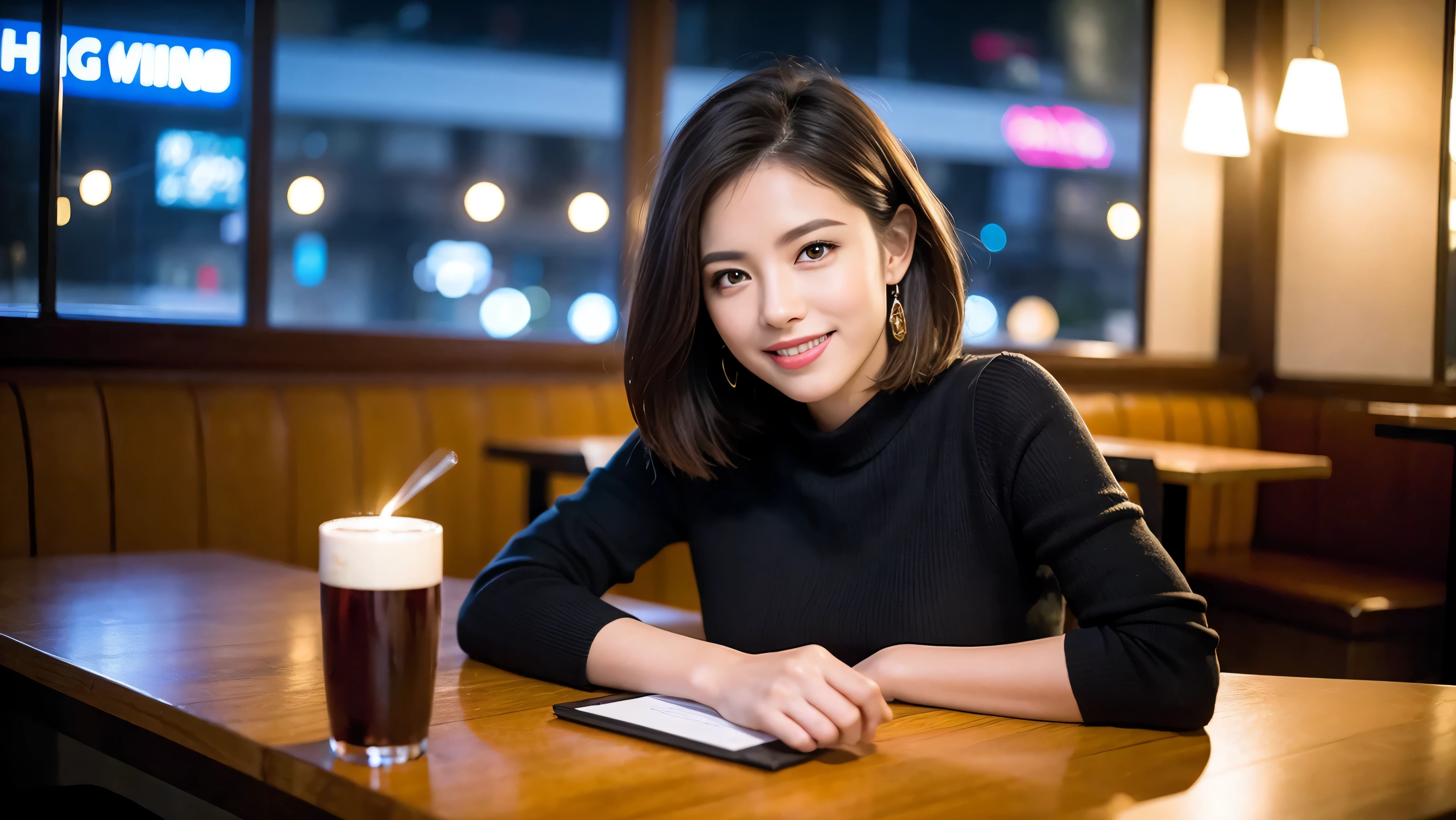 (including 64k、nffsw、highest quality、masterpiece:1.2)、(realistic、Photoreal:1.37)、Super detailed、wine glass、while enjoying wine、mature woman、two beautiful women、(slim face)、(because I'thin)、(brown hair)、(shortcut)、Latino、smileのフランス人女性、happy italian girl、british woman、Americana、cheeks slightly red、(36 years old)、39 years old、red wine、窓の外には美しく緻密なnight景が広がります.........、restaurant、目立つ場所にあるwine glass、night、(from the waist up)、sit on top、date、(laughter:1.15)、fine and beautiful eyes、cashmere sweater、long sleeve dress、Japanese、(short hair:1.2)、Float NovaFrogStyle、、modeled、from the waist up、White wine、turned into slime、wine glass、超綺麗なnight景、wine glassを真ん中に置きます、smile、(8k、RAW photo、highest quality、masterpiece:1.2)、(realistic、Photoreal:1.37)、Super detailed、超A high resolution、2 females、see the beholder、beautiful and detailed face、laughter、narrow、(slim waist) :1.3)、knit shirt、Fine and beautiful skin、skin texture、floating hair、professional light needle breast、kind eyes