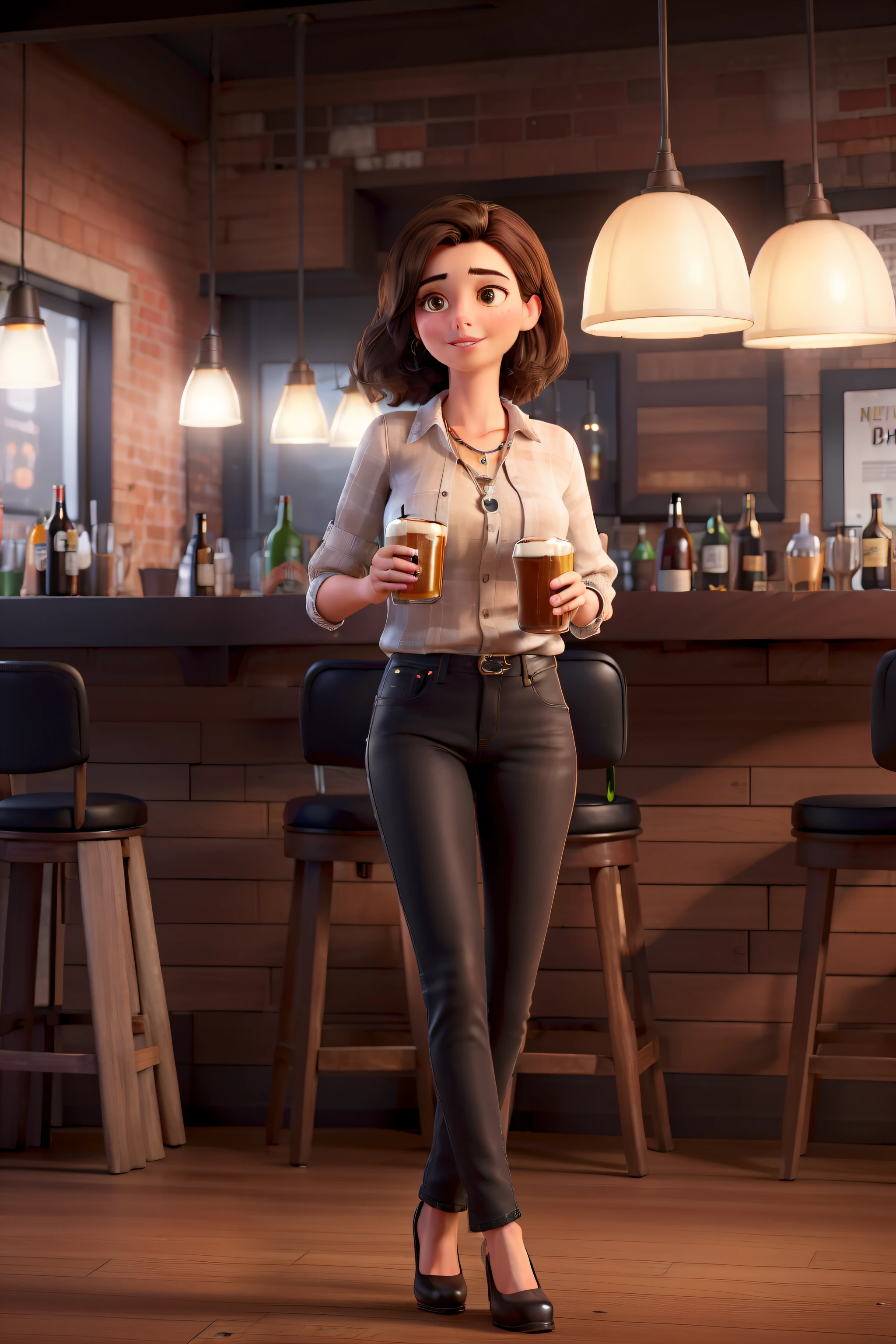 (best quality, highres, realistic:1.37), ultra-detailed, young white woman, medium dark brown hair, brown eyes, beautiful detailed lips, wearing jeans and black blouse, drinking beer, in a New York bar, dimly lit, lively atmosphere, wooden counter, vintage beer taps, polished bar stools, black and white checkered floor, exposed brick walls, hanging pendant lights, stylish interior, bustling crowd, happy hour, vibrant energy, city nightlife, urban chic, contemporary scene