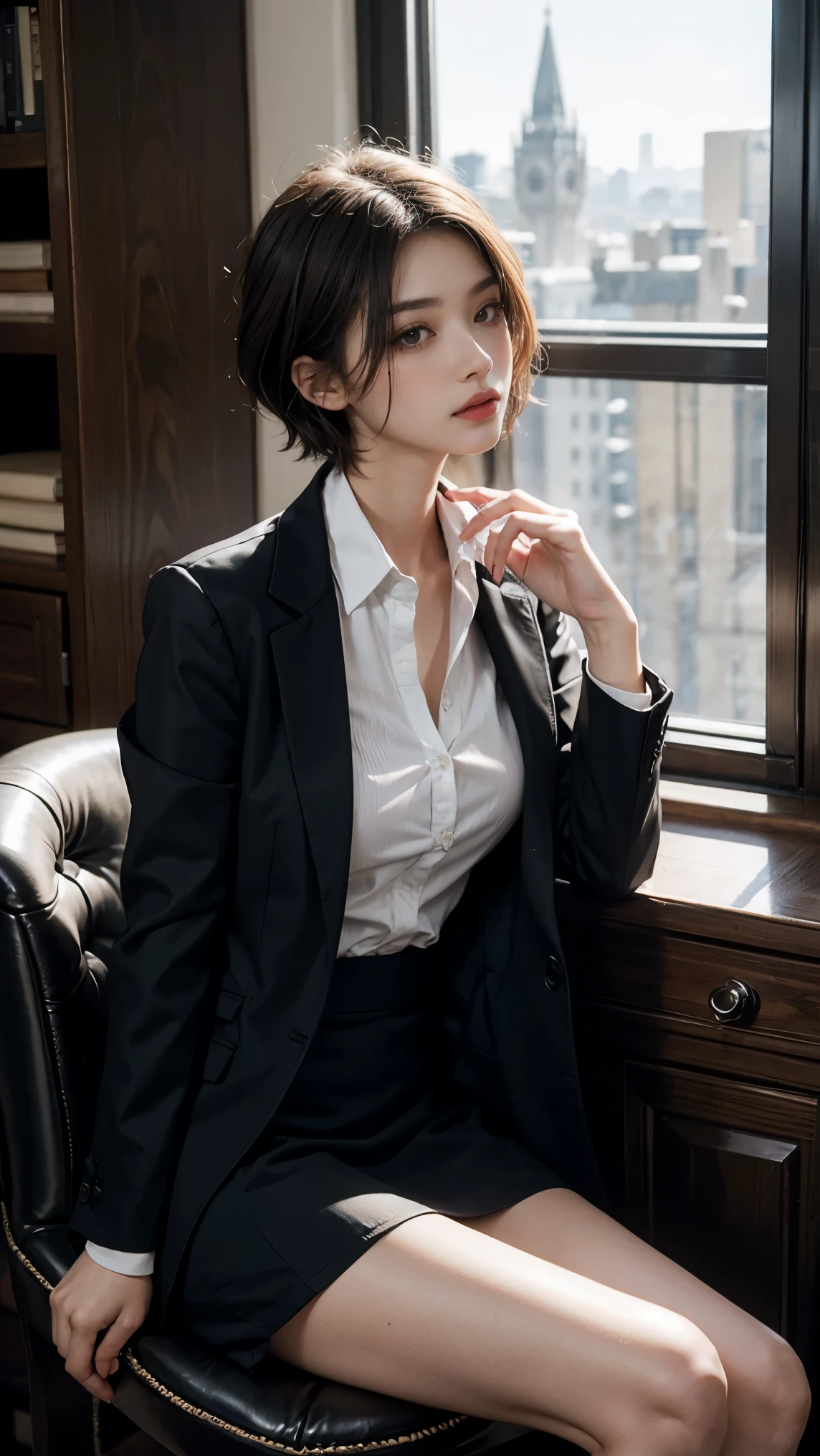 1 girl sitting on an office chair，Computer,(European model:1.3),30 years old,delicates,Business womenswear,(jaket:1.1),(The shirt:1.1),(Wrap skirt:1.1),jewelry,Hosiery,Stockings,black lence stockings，goosebumps,Goose - meat，（Fidelity：1.3），filigree，quality，（tmasterpiece：1.2），（Fidelity：1.2），（best qualtiy），（skin detailed：1.3），（Complicated details），dramatics，Ray traching，photore，Bathed in shadows，visual novel，The boss's office for a skyscraper，window with view on the city，filmgrain，depth of fields, cool beauty,tall girl,short cut hair, black hair,Precisely expresses details such as face and skin texture,beautiful eye,double eyelid,delicate skin,slender body shape,alone,small breasts,