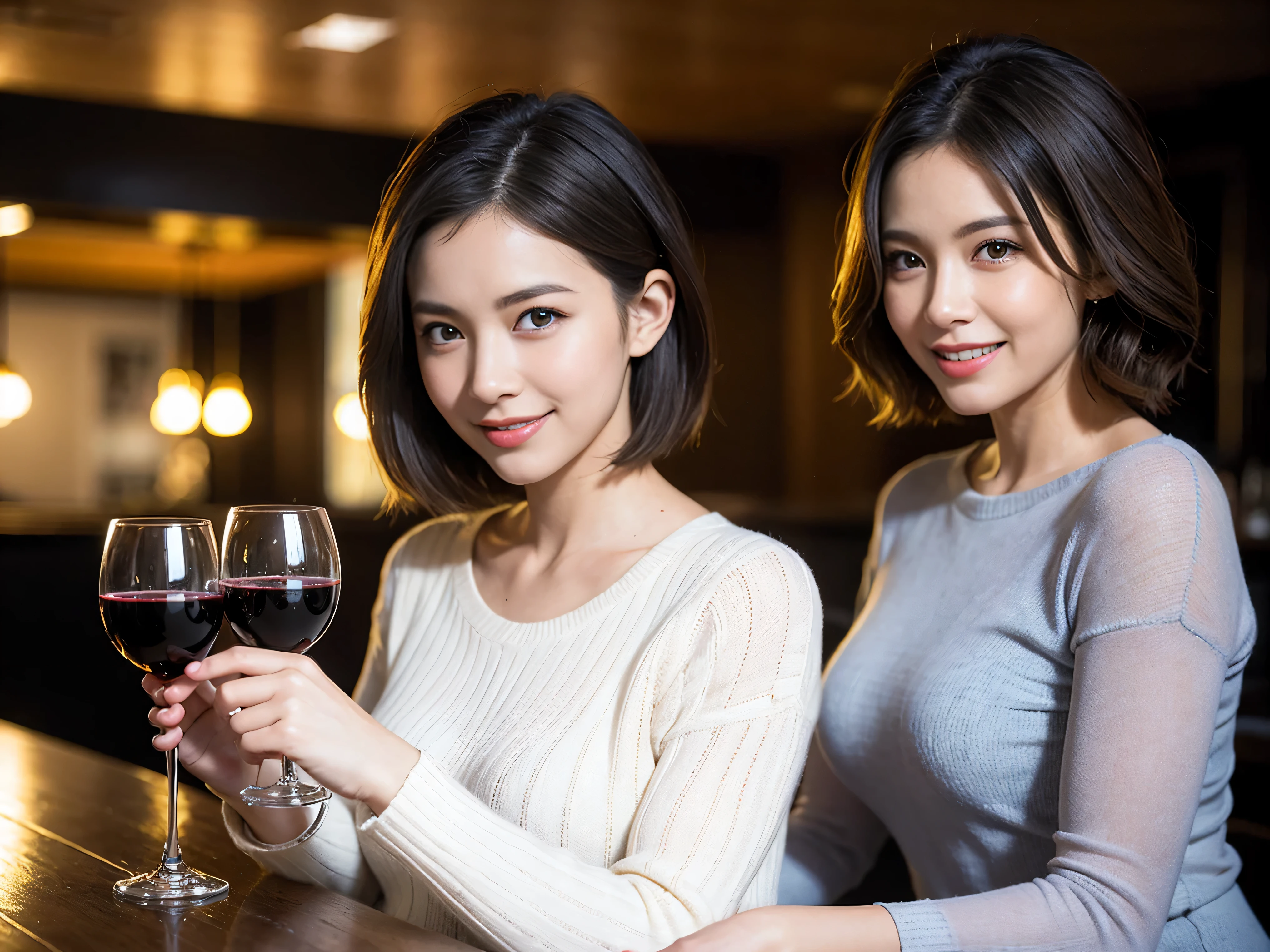 (including 64k、nffsw、highest quality、masterpiece:1.2)、(realistic、Photoreal:1.37)、Super detailed、wine glass、while enjoying wine、mature woman、two beautiful women、(slim face)、(because I'thin)、(brown hair)、(shortcut)、Latino、smileのフランス人女性、happy italian girl、british woman、Americana、cheeks slightly red、(36 years old)、39 years old、red wine、窓の外には美しく緻密なnight景が広がります.........、restaurant、目立つ場所にあるwine glass、night、(from the waist up)、sit on top、date、(laughter:1.15)、fine and beautiful eyes、cashmere sweater、long sleeve dress、Japanese、(short hair:1.2)、Float NovaFrogStyle、、modeled、from the waist up、White wine、turned into slime、wine glass、超綺麗なnight景、wine glassを真ん中に置きます、smile、(8k、RAW photo、highest quality、masterpiece:1.2)、(realistic、Photoreal:1.37)、Super detailed、超A high resolution、2 females、see the beholder、beautiful and detailed face、laughter、narrow、(slim waist) :1.3)、knit shirt、Fine and beautiful skin、skin texture、floating hair、professional light needle breast、kind eyes