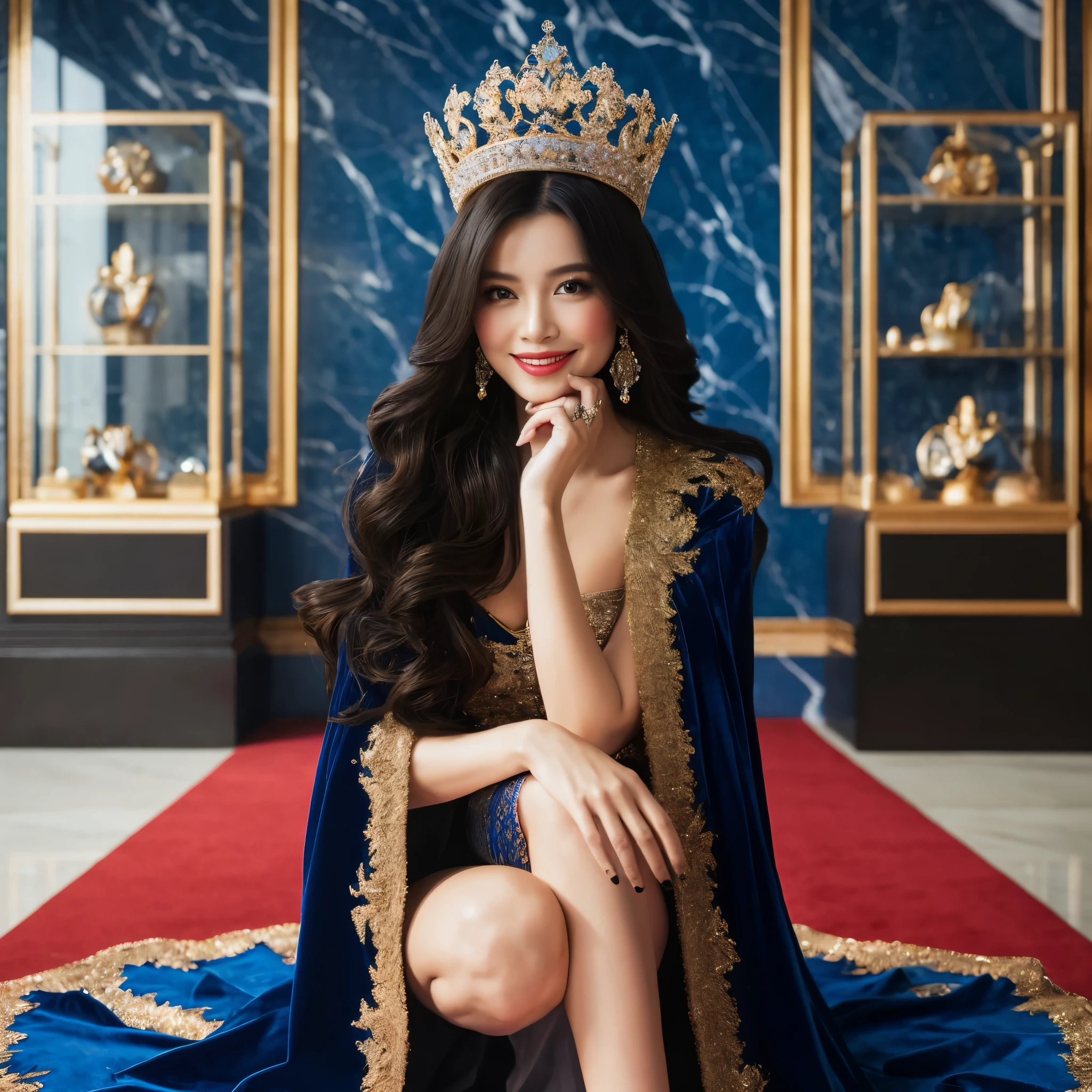 photography. beautiful Indonesian woman, white skin, long black hair, smiling, wearing a gold crown, wearing blue royal clothes, wearing a blue royal coat, 1 hand holding her chin, 1 hand on her thigh, inspired to squat, on a red carpet, behind her a blue marble wall, Behind it there is a glass shelf containing jewelry, objects facing forward. realistic photography.