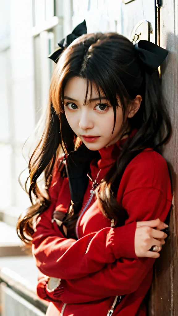 anime girl with long hair and a red shirt leaning against a wall, rin tohsaka, anime moe artstyle, anime style like fate/stay night, cute anime girl, (anime girl), an anime girl, anime visual of a cute girl, anime girl with long hair, pretty anime girl, fate stay night, black haired girl wearing hoodie, anime girl