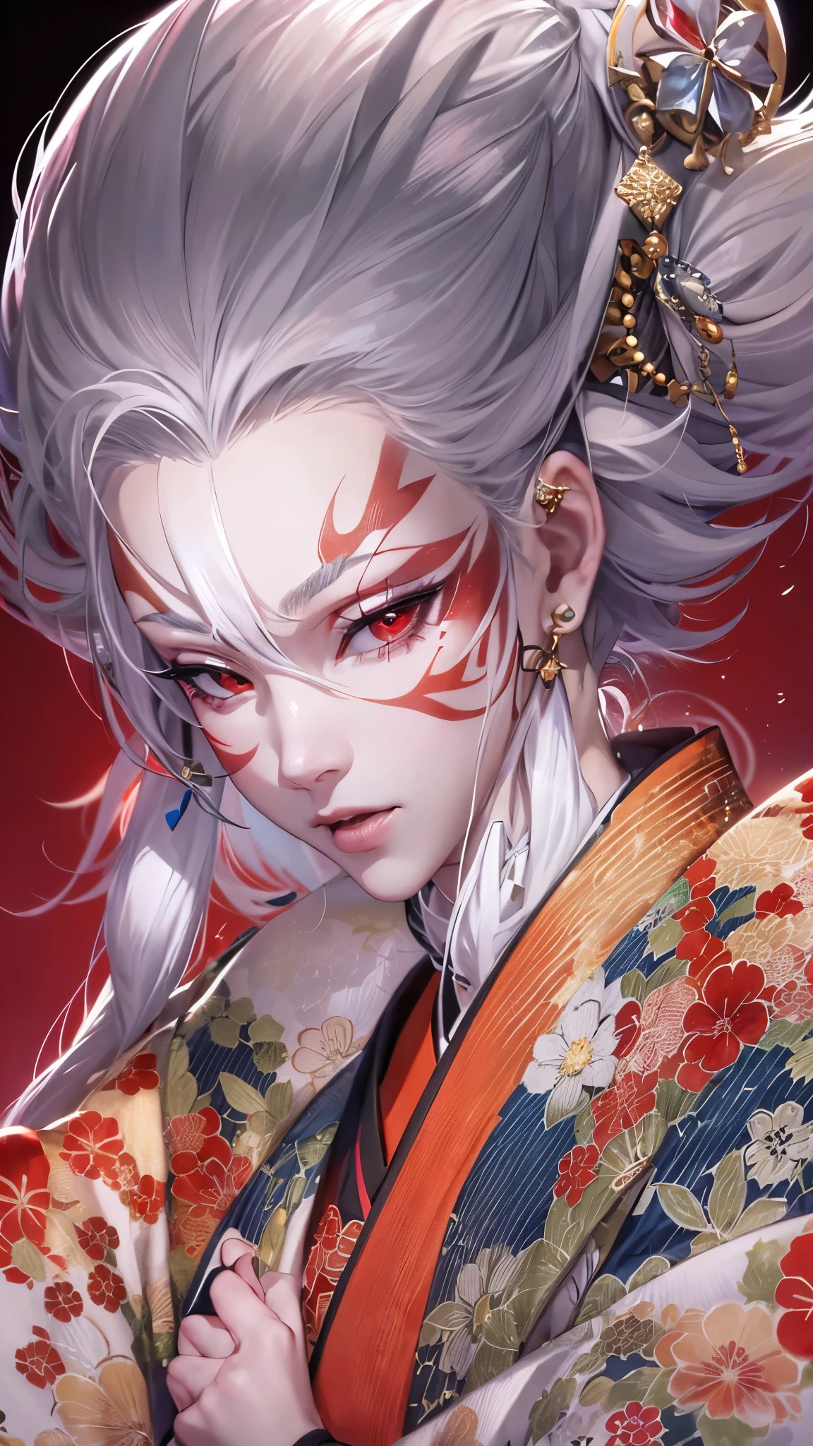 panoramic:1.3 (slo:1.3 Kabuki actors silver hair immensely beautiful girly boy, kabuki makeup face, detailed red eyes, in a immensely kabuki kimono) is (((playing female roles at Hakataza Theater))),  break, perfect anatomy, masterpiece:1.2, best quality, 8k, beautiful detailed grow, daydreaming expression.