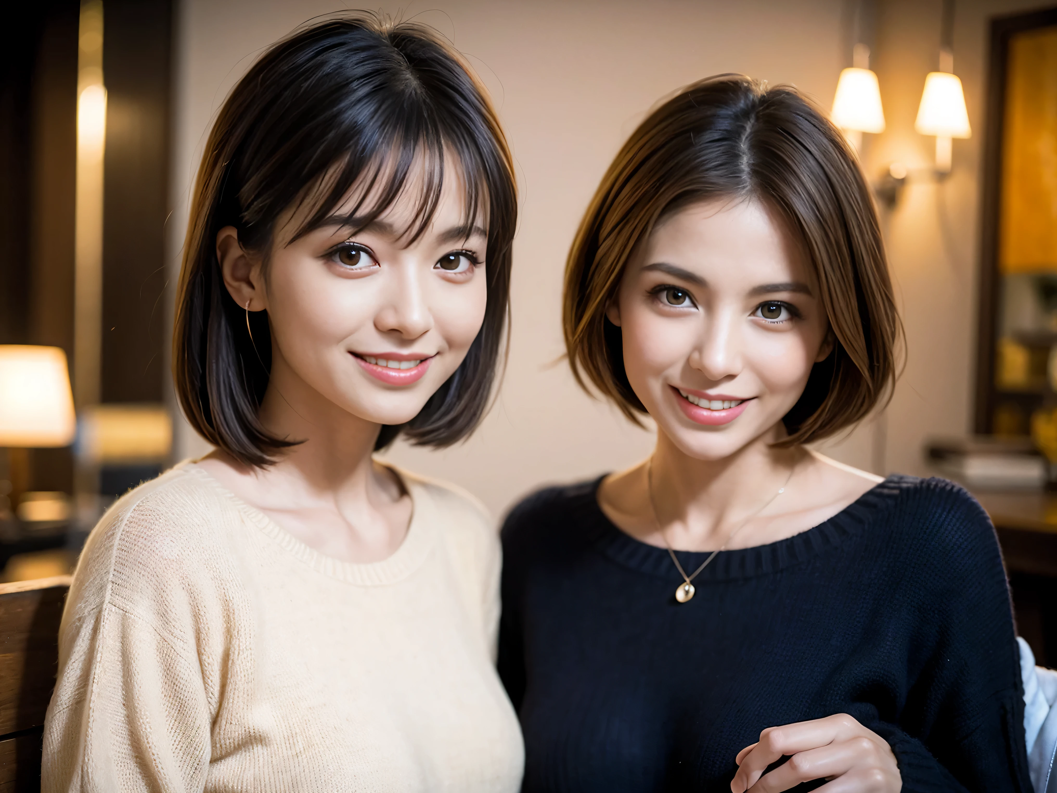 (including 64k、nffsw、highest quality、masterpiece:1.2)、(realistic、Photoreal:1.37)、Super detailed、wine glass、while enjoying wine、mature woman、two beautiful women、(slim face)、(because I'thin)、(brown hair)、(shortcut)、Latino、smileのフランス人女性、happy italian girl、british woman、Americana、cheeks slightly red、(36 years old)、39 years old、red wine、窓の外には美しく緻密なnight景が広がります.........、restaurant、目立つ場所にあるwine glass、night、(from the waist up)、sit on top、date、(laughter:1.15)、fine and beautiful eyes、cashmere sweater、long sleeve dress、Japanese、(short hair:1.2)、Float NovaFrogStyle、、modeled、from the waist up、White wine、turned into slime、wine glass、超綺麗なnight景、wine glassを真ん中に置きます、smile、(8k、RAW photo、highest quality、masterpiece:1.2)、(realistic、Photoreal:1.37)、Super detailed、超A high resolution、2 females、see the beholder、beautiful and detailed face、laughter、narrow、(slim waist) :1.3)、knit shirt、Fine and beautiful skin、skin texture、floating hair、professional light needle breast、kind eyes