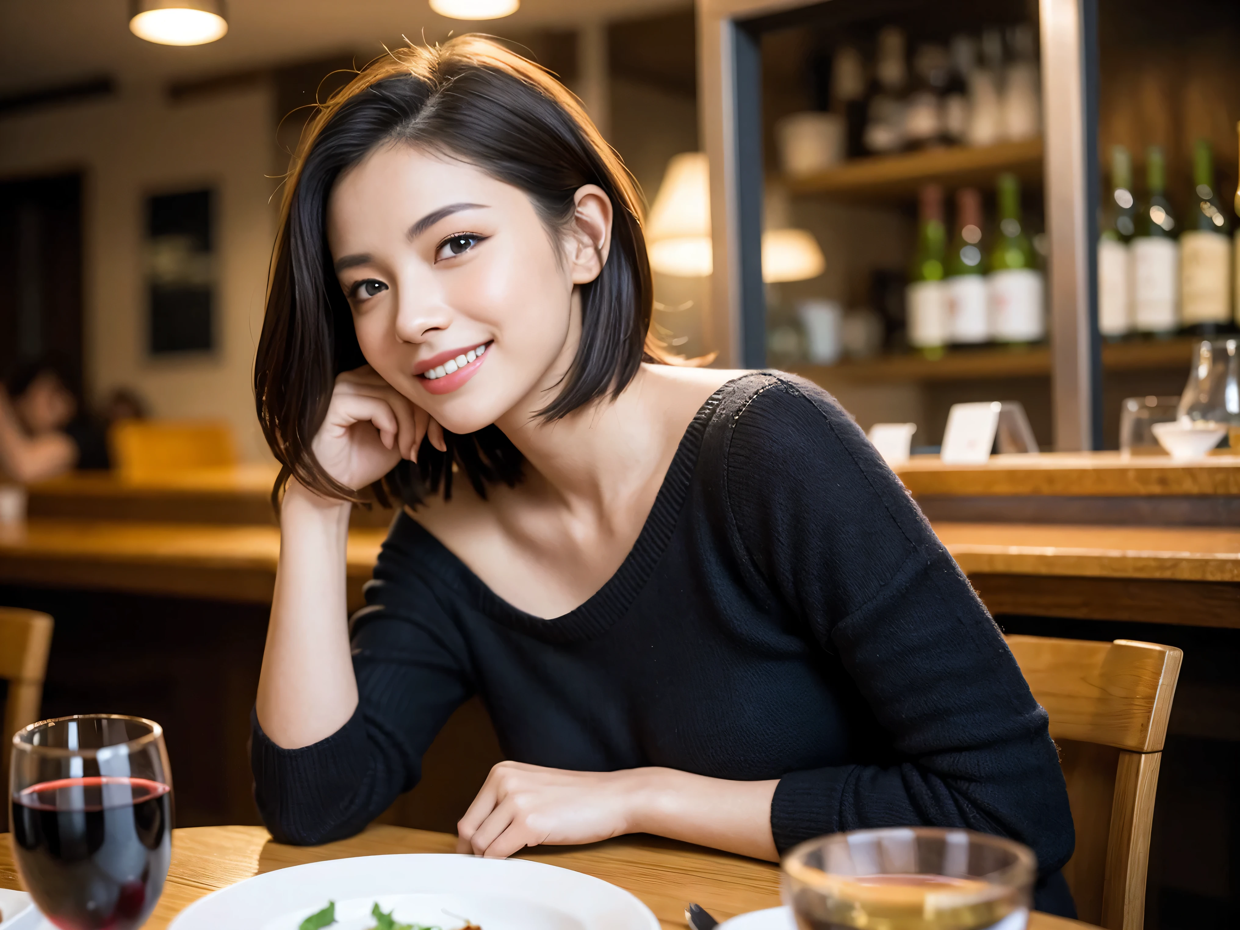 (including 64k、nffsw、highest quality、masterpiece:1.2)、(realistic、Photoreal:1.37)、Super detailed、wine glass、while enjoying wine、mature woman、two beautiful women、(slim face)、(because I'thin)、(brown hair)、(shortcut)、Latino、smileのフランス人女性、happy italian girl、british woman、Americana、cheeks slightly red、(36 years old)、39 years old、red wine、窓の外には美しく緻密なnight景が広がります.........、restaurant、目立つ場所にあるwine glass、night、(from the waist up)、sit on top、date、(laughter:1.15)、fine and beautiful eyes、cashmere sweater、long sleeve dress、Japanese、(short hair:1.2)、Float NovaFrogStyle、、modeled、from the waist up、White wine、turned into slime、wine glass、超綺麗なnight景、wine glassを真ん中に置きます、smile、(8k、RAW photo、highest quality、masterpiece:1.2)、(realistic、Photoreal:1.37)、Super detailed、超A high resolution、2 females、see the beholder、beautiful and detailed face、laughter、narrow、(slim waist) :1.3)、knit shirt、Fine and beautiful skin、skin texture、floating hair、professional light needle breast、kind eyes