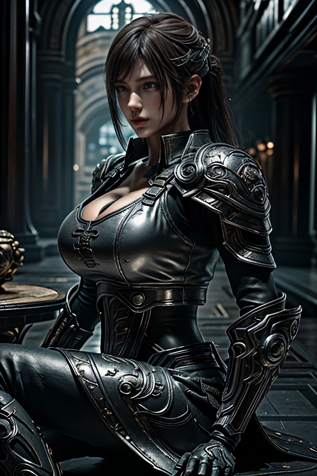 Game art，The best picture quality，Highest resolution，8K，(A bust photograph)，(A bust:1.5)，(Portrait)，(Head close-up)，(Rule of thirds)，Unreal Engine 5 rendering works， (The Girl of the Future)，(Female Warrior)， 
20-year-old girl，An eye rich in detail，(Big breasts)，Elegant and noble，indifferent，brave，
(Future style combat suit combining the characteristics of ancient armor，Ancient runes of light，Combat accessories with rich details，Metallic luster)，Future police，cyberpunk characters，

photo poses，simple background，Movie lights，Ray tracing，Game CG，((3D Unreal Engine))，OC rendering reflection pattern