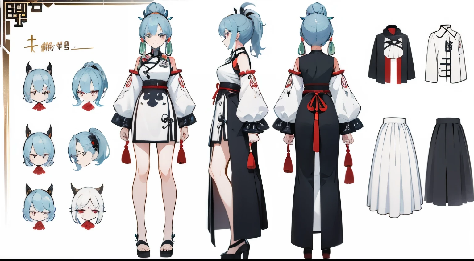((masterpiece)),(((best quality))),(character design sheet,same role,street frontage,side,back),1 basket devil,solo,White double ponytail hair,yin and yang eyes,masterpiece,best quality,Look around the corner,Full body female love,Height 170 cm,detailed,Smile,Chinese paper-cut clothing,nipple tassel,Bells as accessories,Lovely,Handsome,concept art,character concept art,character sketch,Reference table,character sheet,(simple background,White background: 1.3)