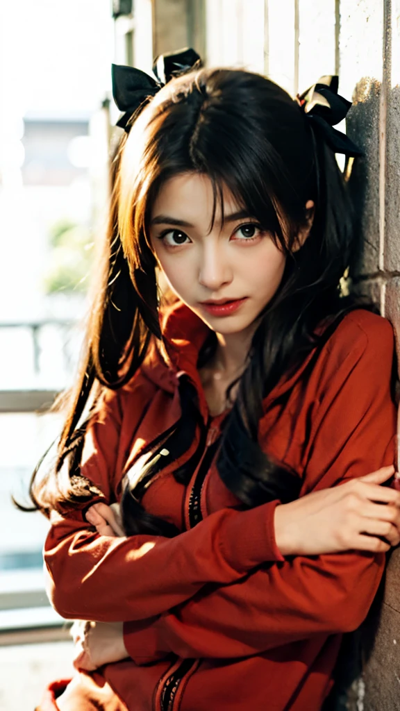 anime girl with long hair and a red shirt leaning against a wall, rin tohsaka, anime moe artstyle, anime style like fate/stay night, cute anime girl, (anime girl), an anime girl, anime visual of a cute girl, anime girl with long hair, pretty anime girl, fate stay night, black haired girl wearing hoodie, anime girl