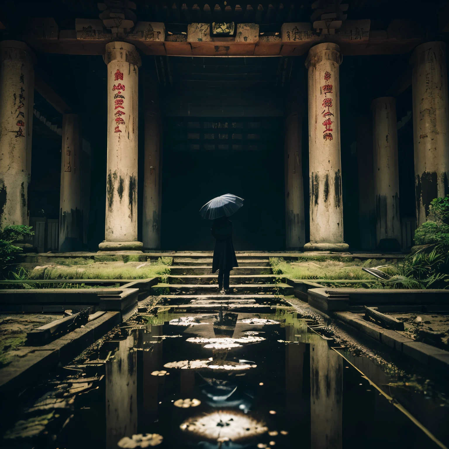 (best quality, masterpiece),( dark sky, heavy rain, inside abandoned temple, low water level stagnant water, ), realistic background, 2112, light*_black_particle,