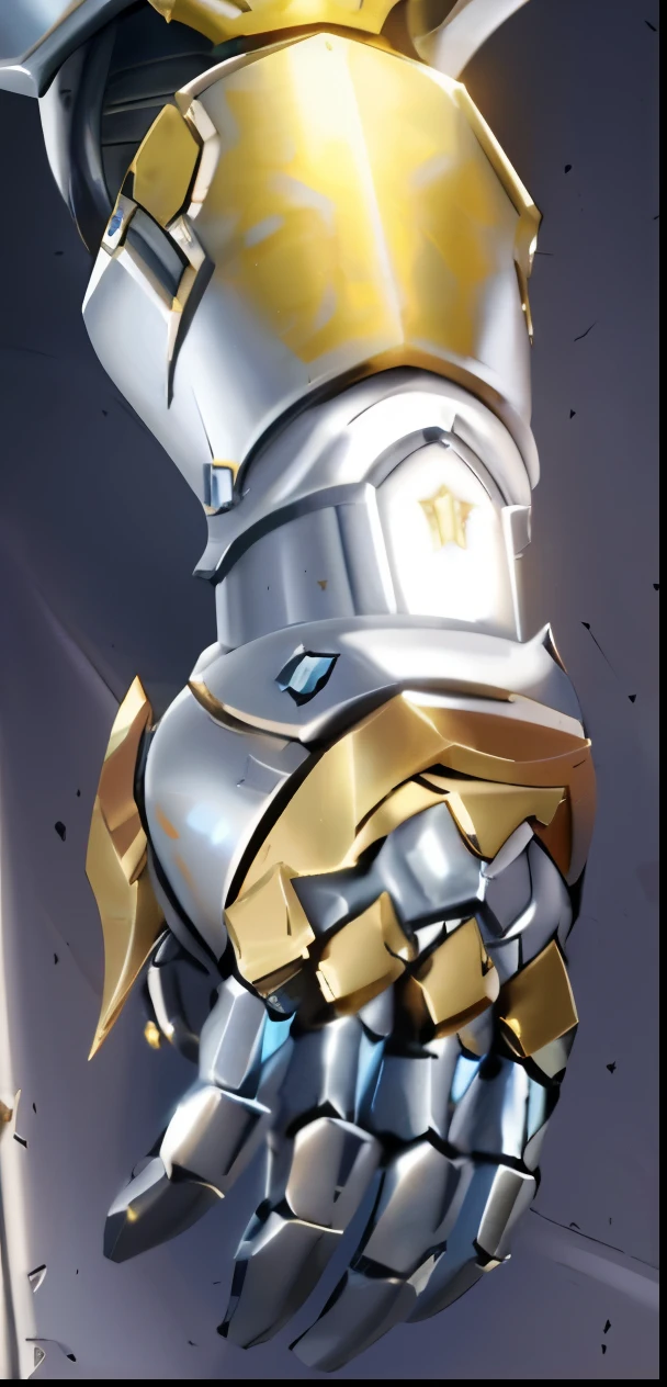 Close-up of hands wearing helmet, Overwatch Reinhardt, Orianna, Light shines from the armor, Close-up of arm, farah, Ultra-detailed. number, Silver and gold heavy armor, Krenzkushat, Thick and smooth Warframe thighs, Character art close-up, heavy white and gold armor, vanillaware artwork