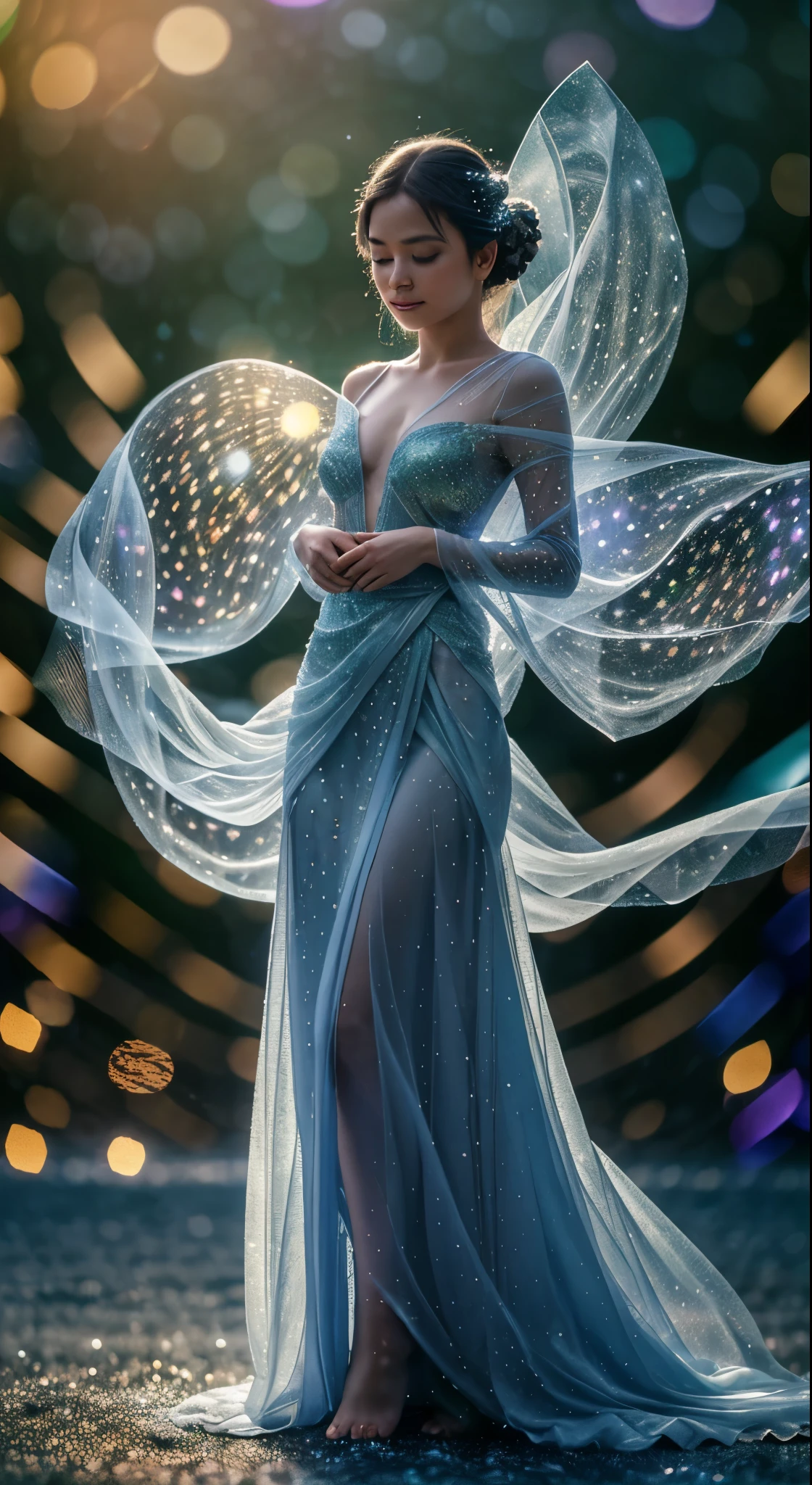 Merging seamlessly in an ethereal dance, the elusive concepts of quantum physics intertwine with the mystique of nature in a dreamlike state. frozen wings, ice crystals, frost, moon glow, blue fog, moon beams, blue-green light beams, bioluminescent lightThe sfumato effect blurs the boundaries between reality and imagination, shrouding the scene in enigmatic mystery. This intricate image, perhaps a painting, captivates with its delicate balance of scientific precision and dreamy ambiguity. Every detail is meticulously rendered, each element exuding a sense of transcendence and wonder. Its high quality craftsmanship evokes a sense of awe and curiosity, inviting viewers to lose themselves in its otherworldly beauty, whimsical lighting, enchanted ambiance, soft textures, imaginative artwork, ethereal glow, silent Luminescence, whispering Silent, vibrant background, by Skyrn99, full body, (((rule of thirds))), high quality, high detail, high resolution, (bokeh:2), backlight, long exposure2