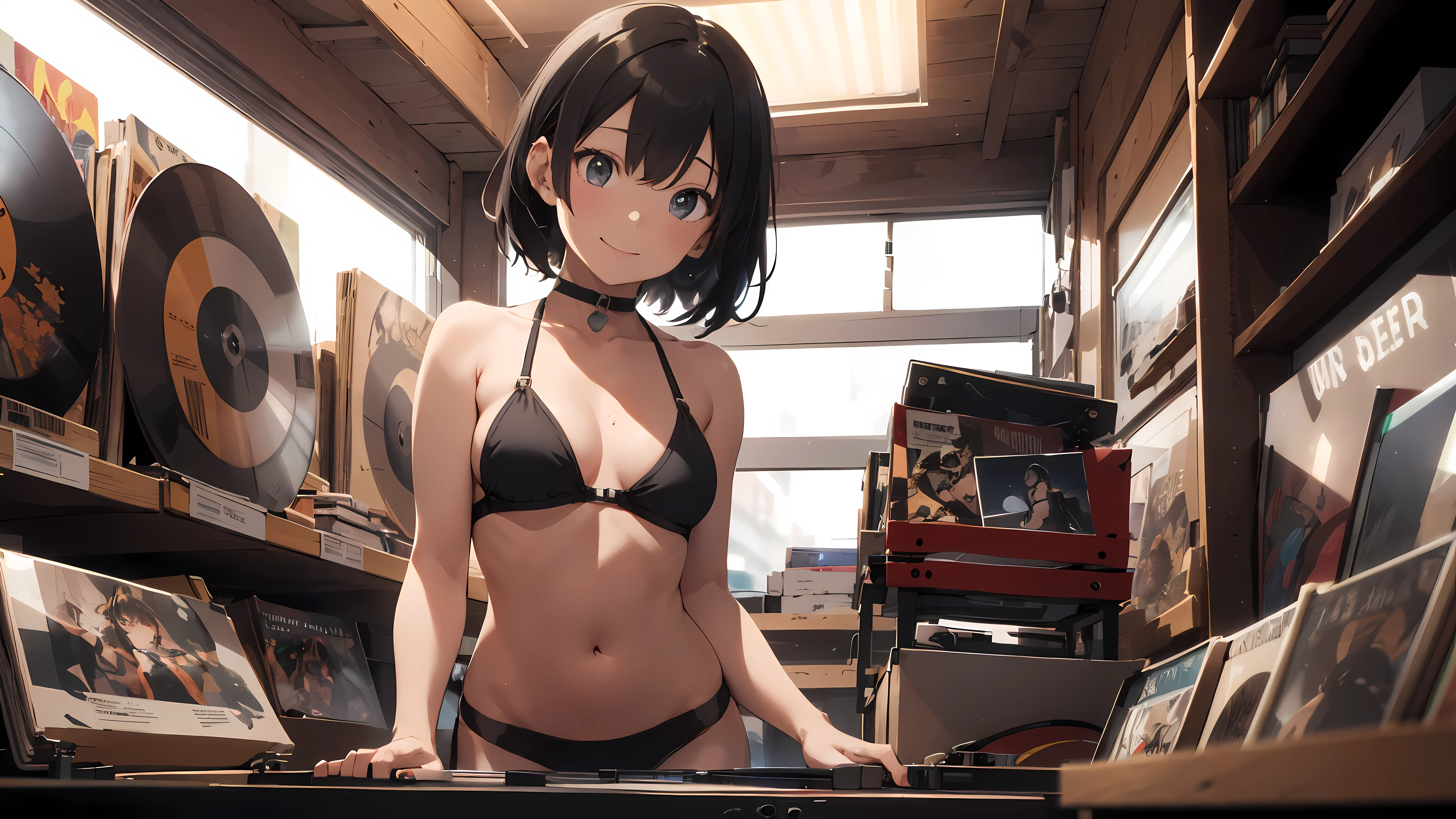 18 year old girl, short black hair, big sad eyes, sweet smile, small breasts, thin hips, choker collar, black bikini top, bare midriff, black panties, standing, near open door, record store, vinyl, turntable, DJ equipment, evening, nighttime, dramatic lighting, cinematic lighting, masterpiece, best quality