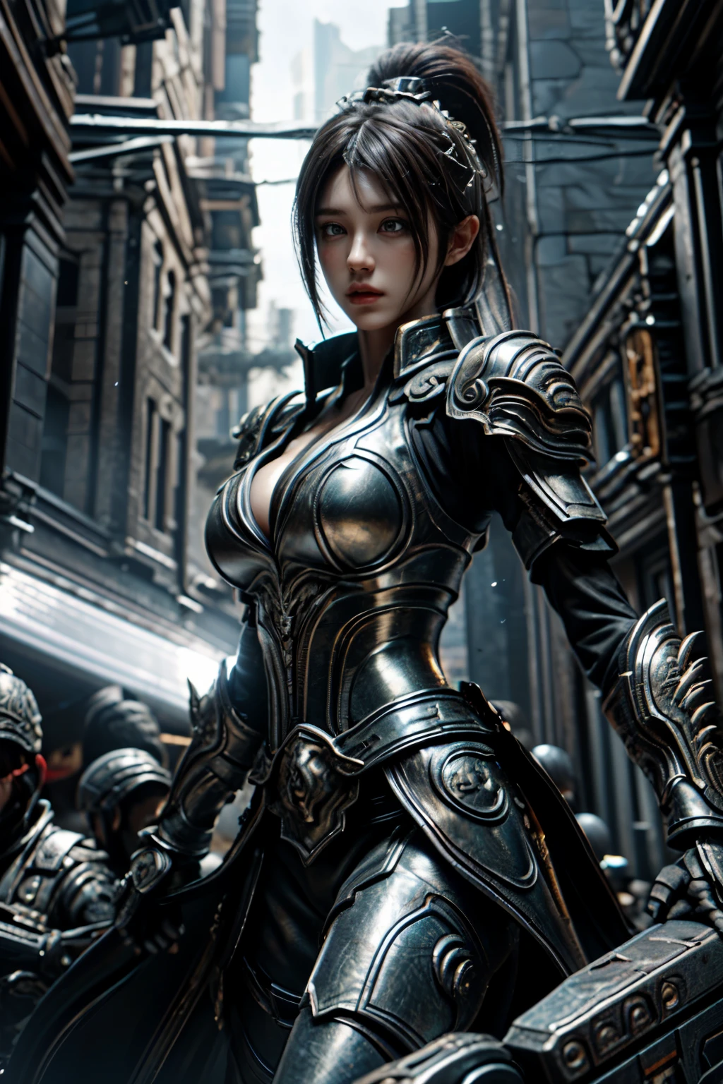 Game art，The best picture quality，Highest resolution，8K，(A bust photograph)，(A bust:1.5)，(Portrait)，(Head close-up)，(Rule of thirds)，Unreal Engine 5 rendering works， (The Girl of the Future)，(Female Warrior)， 
20-year-old girl，An eye rich in detail，(Big breasts)，Elegant and noble，indifferent，brave，
(Future style combat suit combining the characteristics of ancient armor，Ancient runes of light，Combat accessories with rich details，Metallic luster)，Future police，cyberpunk characters，

photo poses，simple background，Movie lights，Ray tracing，Game CG，((3D Unreal Engine))，OC rendering reflection pattern