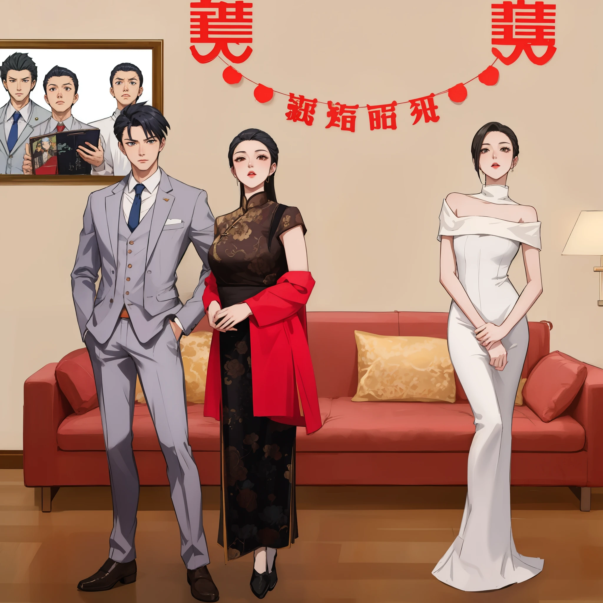 There are three people standing in the living room, GTA Chinatown art style, Ace lawyer style, phoenix wright, Official fan art, High quality fan art, Movie promotional pictures, Inspired by Yao Tingmei, in phoenix wright ace attorney, Inspired by Chen Daofu, 2 0 2 0 s Propaganda Art, Inspired by Zou Yigui, Award-winning anime style,Woman in white dress has her hands tied