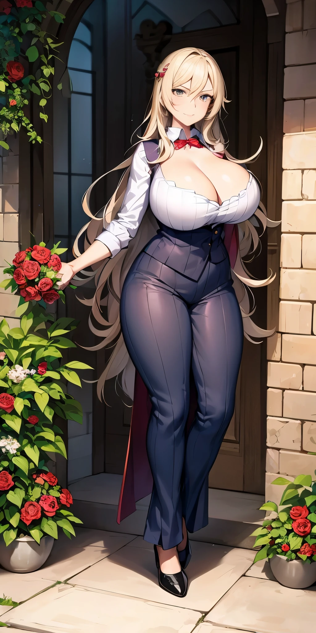 FEMALE, big breasts, voluminous breasts, curvy breasts, mesh stockings, standing with a bouquet (red roses), full height, bottom view, best quality, very detailed, ultra 8k resolution,huge breast, coat , vest, long skirt, portrait, full body, victorias clothing, long dress, knight, pants, black skinn suit, medieval city, plants, vest,polo shirt, forest, long skirt