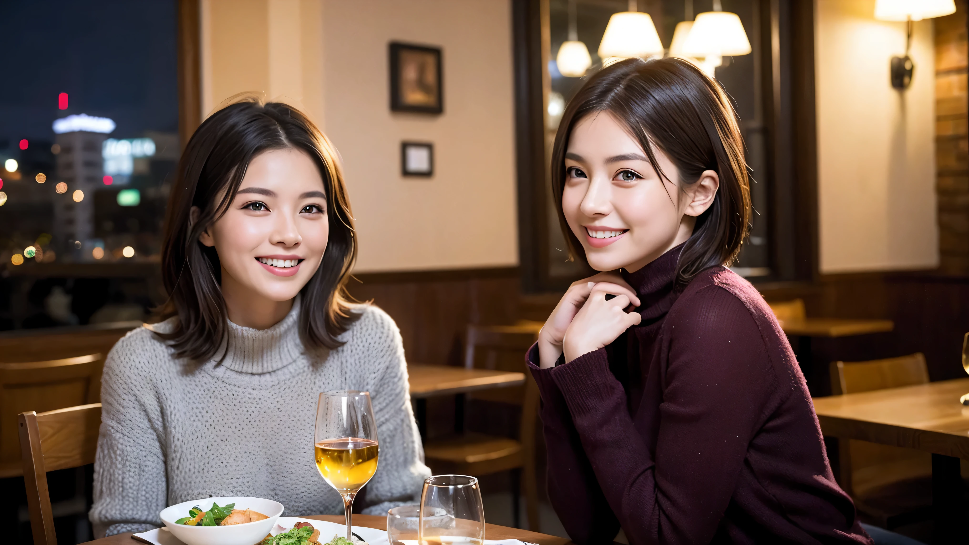 (including 64k、nffsw、highest quality、masterpiece:1.2)、(realistic、Photoreal:1.37)、Super detailed、wine glass、while enjoying wine、mature woman、two beautiful women、(slim face)、(because I'thin)、(brown hair)、(shortcut)、Latino、smileのフランス人女性、happy italian girl、british woman、Americana、cheeks slightly red、(36 years old)、39 years old、red wine、窓の外には美しく緻密なnight景が広がります.........、restaurant、目立つ場所にあるwine glass、night、(from the waist up)、sit on top、date、(laughter:1.15)、fine and beautiful eyes、cashmere sweater、long sleeve dress、Japanese、(short hair:1.2)、Float NovaFrogStyle、、modeled、from the waist up、White wine、turned into slime、wine glass、超綺麗なnight景、wine glassを真ん中に置きます、smile、(8k、RAW photo、highest quality、masterpiece:1.2)、(realistic、Photoreal:1.37)、Super detailed、超A high resolution、2 females、see the beholder、beautiful and detailed face、laughter、narrow、(slim waist) :1.3)、knit shirt、Fine and beautiful skin、skin texture、floating hair、professional light needle breast、kind eyes