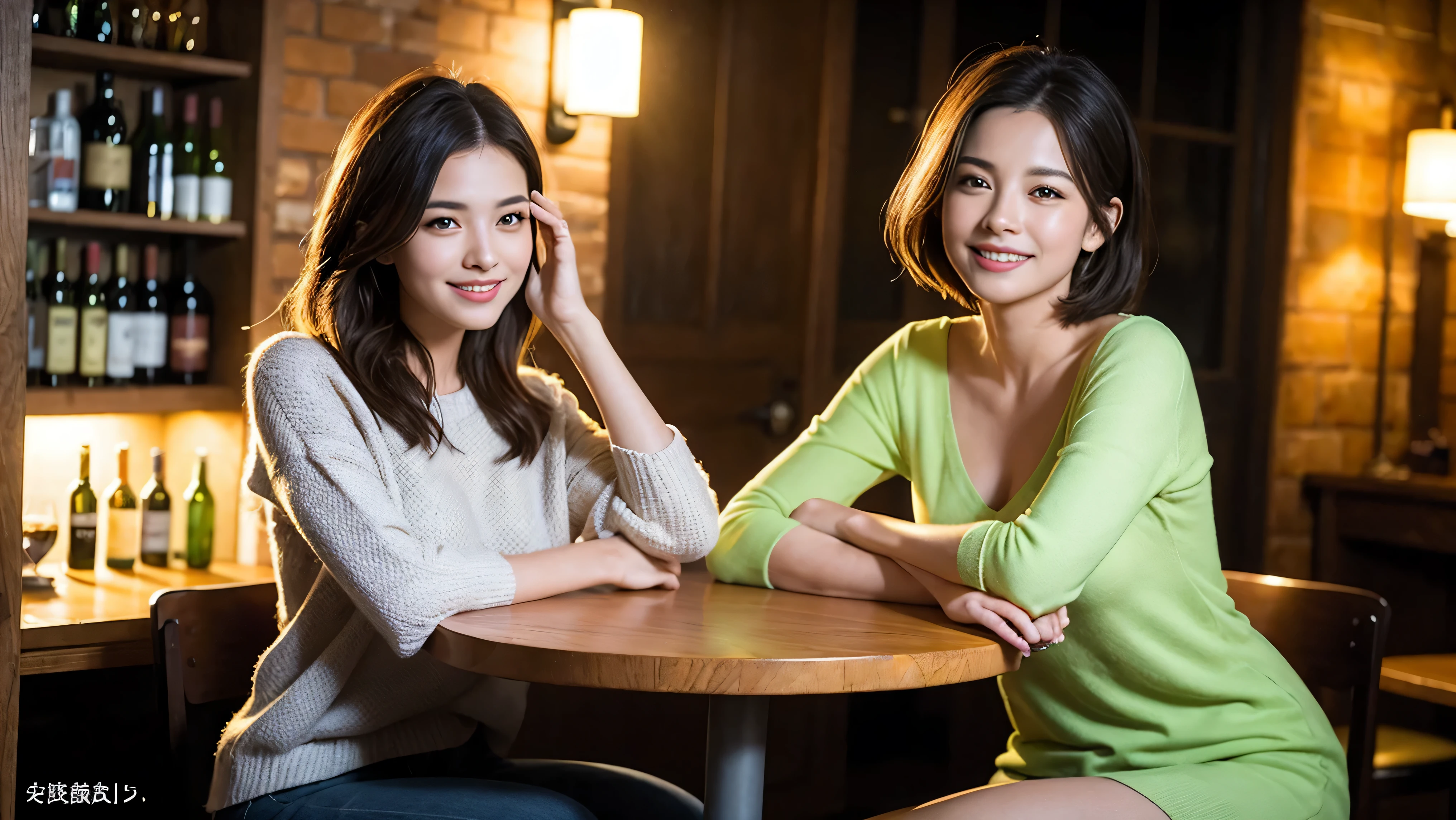 (including 64k、nffsw、highest quality、masterpiece:1.2)、(realistic、Photoreal:1.37)、Super detailed、wine glass、while enjoying wine、mature woman、two beautiful women、(slim face)、(because I'thin)、(brown hair)、(shortcut)、Latino、smileのフランス人女性、happy italian girl、british woman、Americana、cheeks slightly red、(36 years old)、39 years old、red wine、窓の外には美しく緻密なnight景が広がります.........、restaurant、目立つ場所にあるwine glass、night、(from the waist up)、sit on top、date、(laughter:1.15)、fine and beautiful eyes、cashmere sweater、long sleeve dress、Japanese、(short hair:1.2)、Float NovaFrogStyle、、modeled、from the waist up、White wine、turned into slime、wine glass、超綺麗なnight景、wine glassを真ん中に置きます、smile、(8k、RAW photo、highest quality、masterpiece:1.2)、(realistic、Photoreal:1.37)、Super detailed、超A high resolution、2 females、see the beholder、beautiful and detailed face、laughter、narrow、(slim waist) :1.3)、knit shirt、Fine and beautiful skin、skin texture、floating hair、professional light needle breast、kind eyes