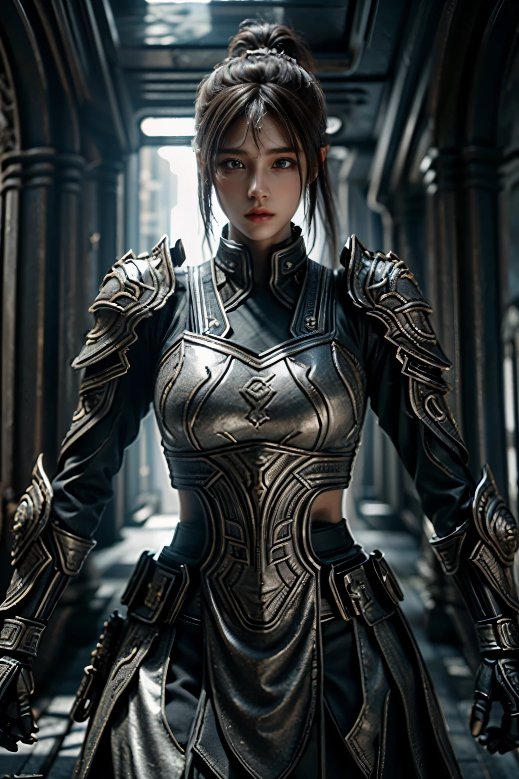 Game art，The best picture quality，Highest resolution，8K，(A bust photograph)，(A bust:1.5)，(Portrait)，(Head close-up)，(Rule of thirds)，Unreal Engine 5 rendering works， (The Girl of the Future)，(Female Warrior)， 
20-year-old girl，An eye rich in detail，(Big breasts)，Elegant and noble，indifferent，brave，
(Future style combat suit combining the characteristics of ancient armor，Ancient runes of light，Combat accessories with rich details，Metallic luster)，Future police，cyberpunk characters，

photo poses，simple background，Movie lights，Ray tracing，Game CG，((3D Unreal Engine))，OC rendering reflection pattern