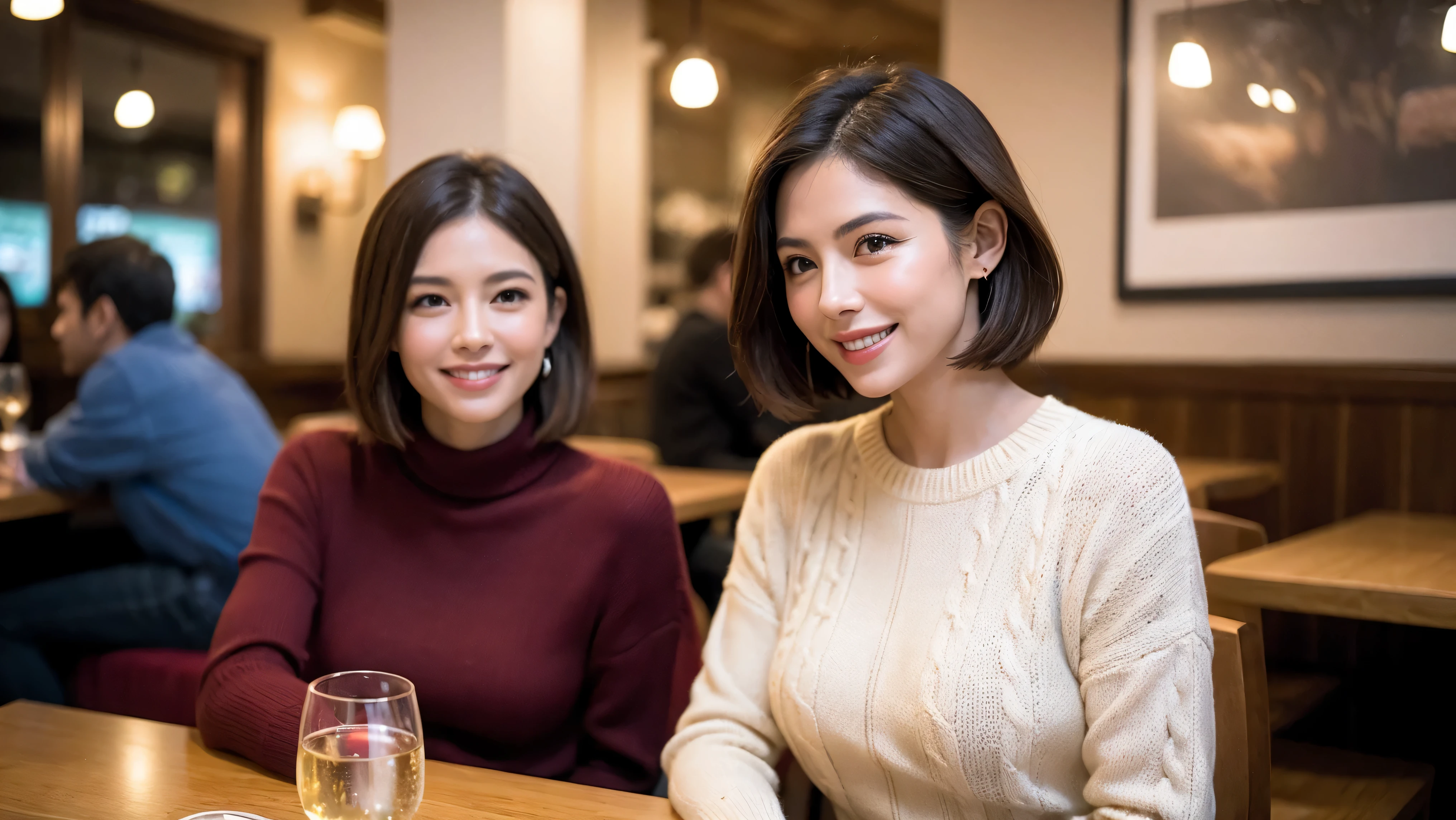 (including 64k、nffsw、highest quality、masterpiece:1.2)、(realistic、Photoreal:1.37)、Super detailed、wine glass、while enjoying wine、mature woman、two beautiful women、(slim face)、(because I'thin)、(brown hair)、(shortcut)、Latino、smileのフランス人女性、happy italian girl、british woman、Americana、cheeks slightly red、(36 years old)、39 years old、red wine、窓の外には美しく緻密なnight景が広がります.........、restaurant、目立つ場所にあるwine glass、night、(from the waist up)、sit on top、date、(laughter:1.15)、fine and beautiful eyes、cashmere sweater、long sleeve dress、Japanese、(short hair:1.2)、Float NovaFrogStyle、、modeled、from the waist up、White wine、turned into slime、wine glass、超綺麗なnight景、wine glassを真ん中に置きます、smile、(8k、RAW photo、highest quality、masterpiece:1.2)、(realistic、Photoreal:1.37)、Super detailed、超A high resolution、2 females、see the beholder、beautiful and detailed face、laughter、narrow、(slim waist) :1.3)、knit shirt、Fine and beautiful skin、skin texture、floating hair、professional light needle breast、kind eyes