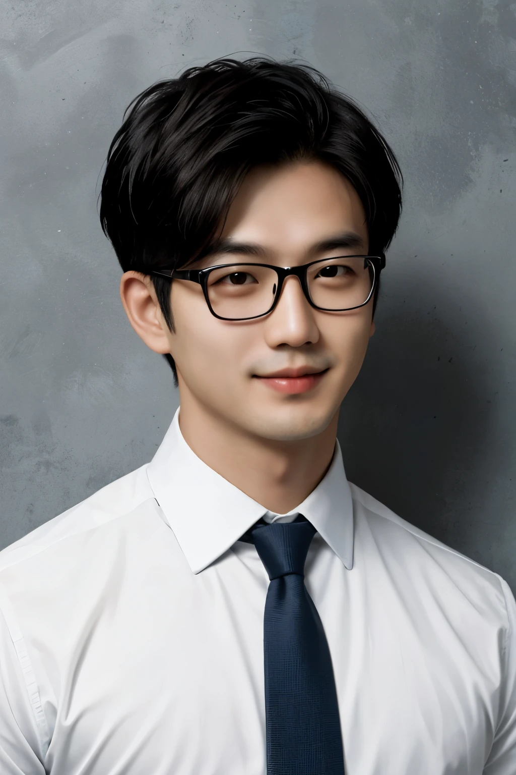 (protrait photo)asian man, 30 years old, project Manager。wear glasses,He is wearing a dark suit, Pair with a white shirt and dark tie。His hair is neat, Face clean and clean, round face,(super short hair: 1.5),Eyes reveal wisdom and confidence。He smiles and looks at the camera, Convey a professional and capable temperament, Ultra high quality, masterpiece, textured skin, high quality, high resolution, best quality, high detail,Half-length photo,ID photo