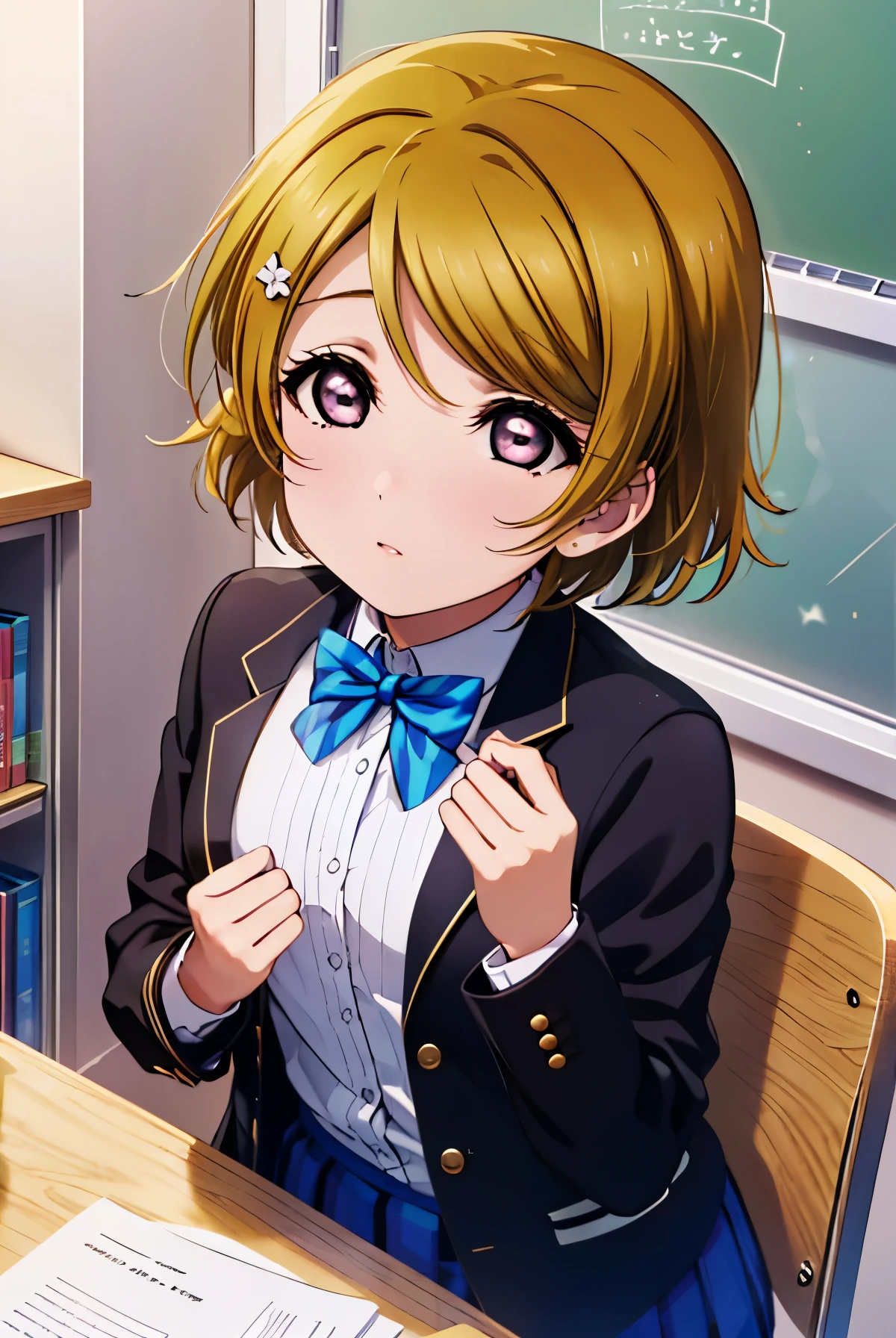 Hanayo Koizumi,Hanayo koizumi, brown hair,short hair,(purple eyes:1.5) (flat chest:1.2),
break blazer, blue skirt, Jacket, otonokizaka school uniform, pleated skirt, school uniform, winter uniform,
break looking at viewer,
break indoors, classroom, 
break (masterpiece:1.2), highest quality, High resolution, unity 8k wallpaper, (figure:0.8), (detailed and beautiful eyes:1.6), highly detailed face, perfect lighting, Very detailed CG, (perfect hands, perfect anatomy),