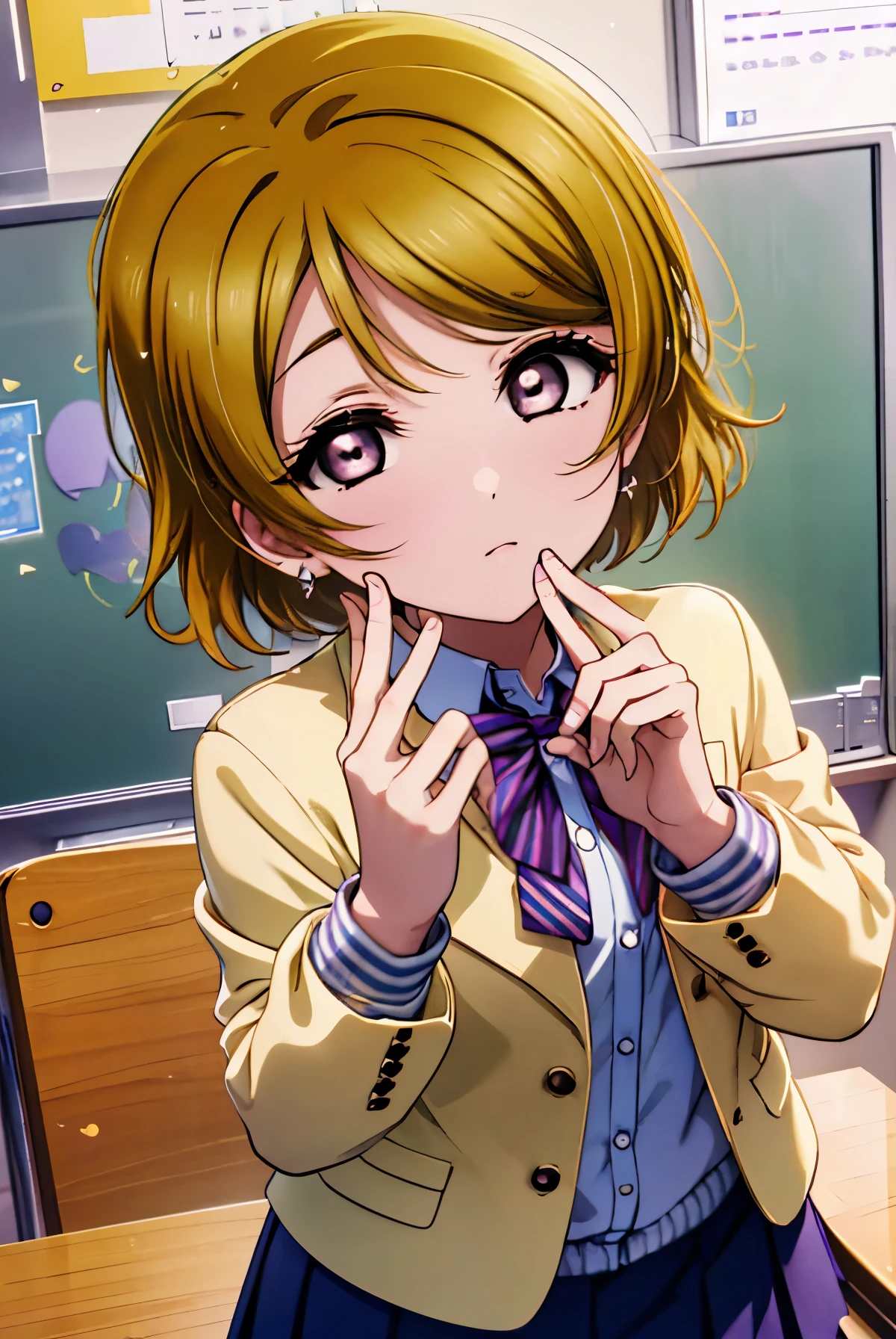 Hanayo Koizumi,Hanayo koizumi, brown hair,short hair,(purple eyes:1.5) (flat chest:1.2),
break blazer, blue skirt, Jacket, otonokizaka school uniform, pleated skirt, school uniform, winter uniform,
break looking at viewer,
break indoors, classroom, 
break (masterpiece:1.2), highest quality, High resolution, unity 8k wallpaper, (figure:0.8), (detailed and beautiful eyes:1.6), highly detailed face, perfect lighting, Very detailed CG, (perfect hands, perfect anatomy),