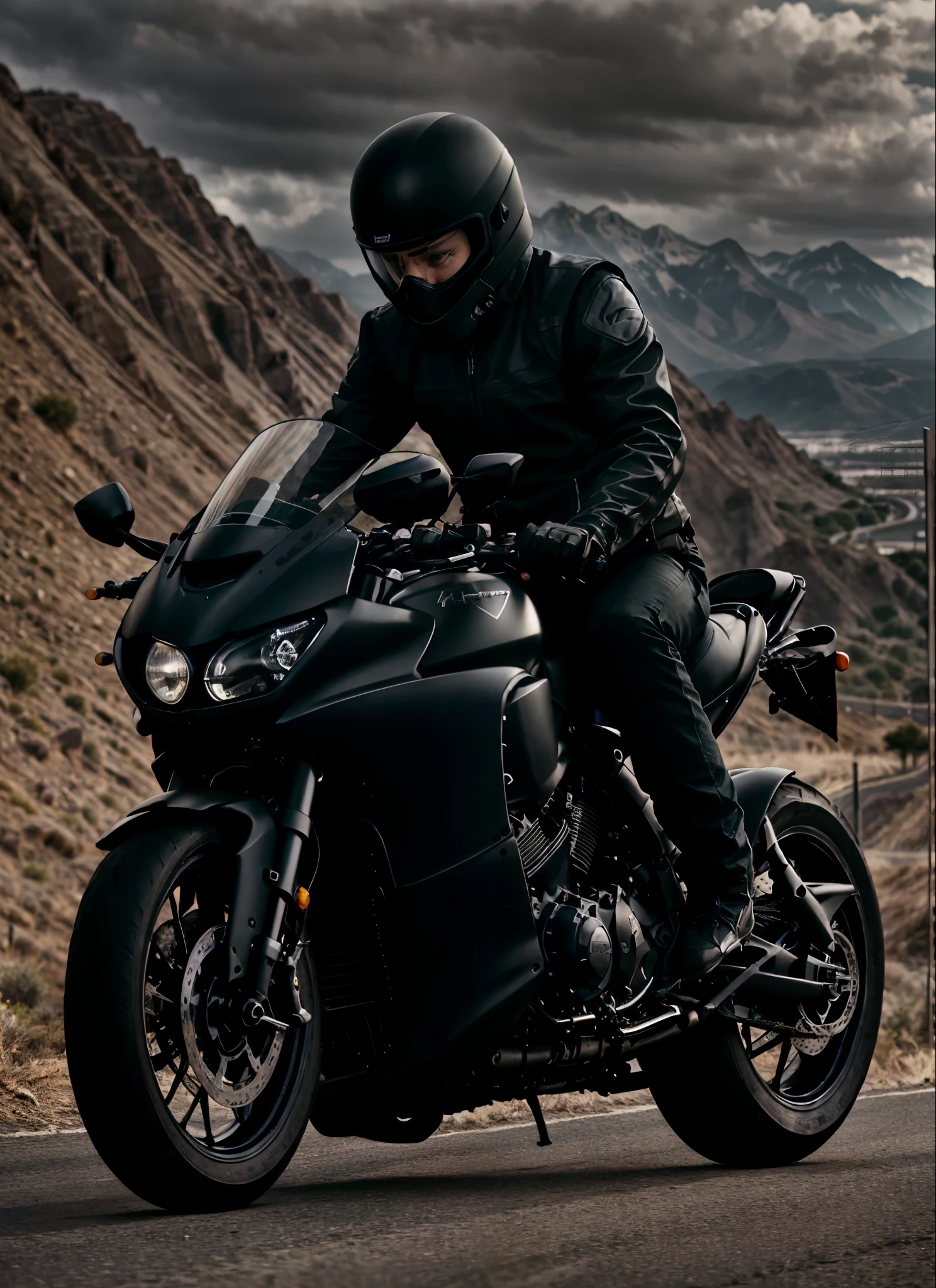 arafed man in black riding a black motorcycle on a mountain road, motorcycle, riding a motorcycle, streamlined matte black armor, motorcycles, motorbiker, riding a futuristic motorcycle, vantablack gi, sitting on a motorcycle, motorbike, kawasaki, picture of a male biker, riding on the road, biker, black octane render, riding, ninja, triumph