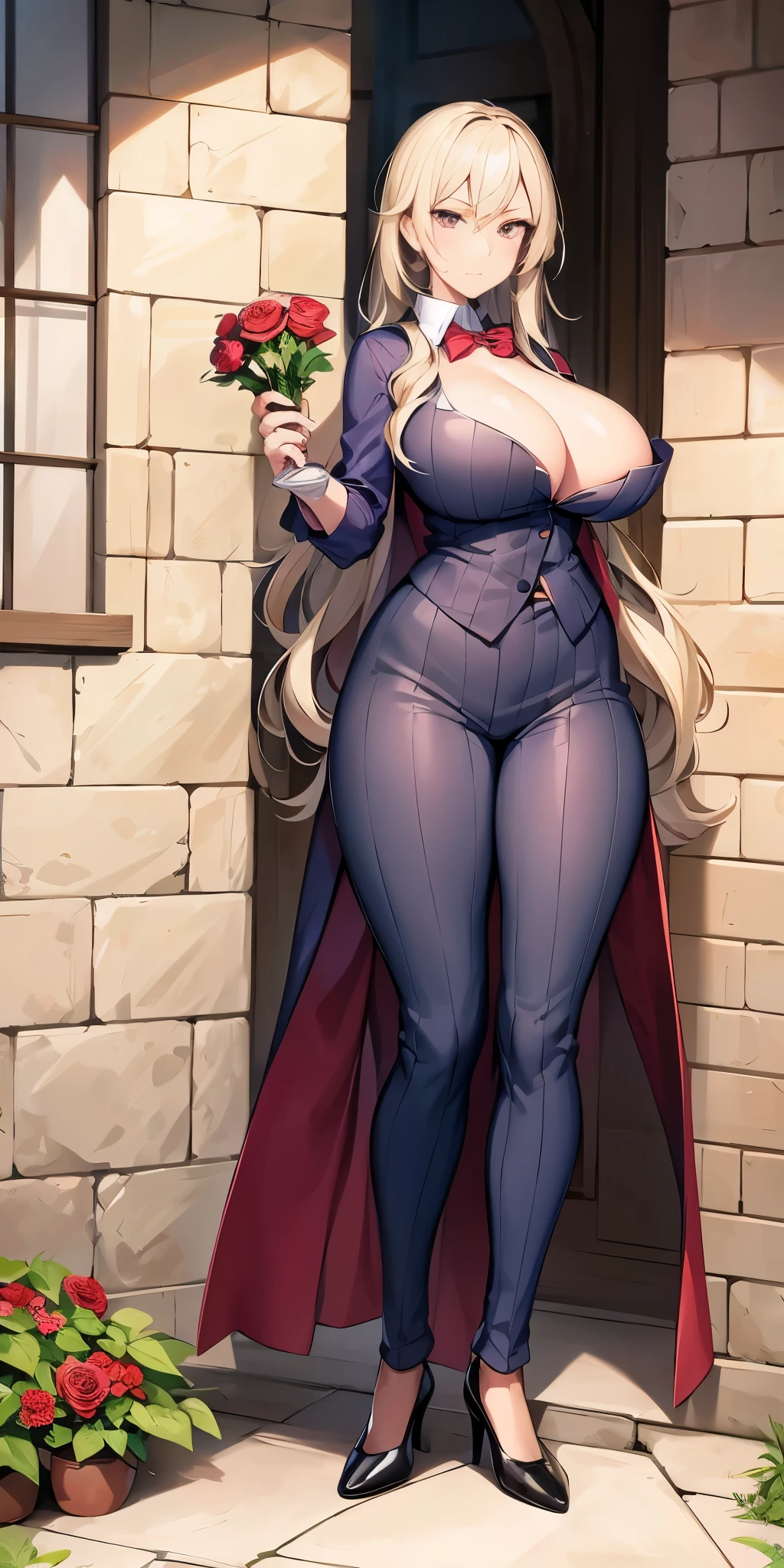 FEMALE, big breasts, voluminous breasts, curvy breasts, mesh stockings, standing with a bouquet (red roses), full height, bottom view, best quality, very detailed, ultra 8k resolution,huge breast, coat , vest, long skirt, portrait, full body, victorias clothing, long dress, knight, pants, black skinn suit, medieval city, plants, vest,polo shirt, forest, long skirt