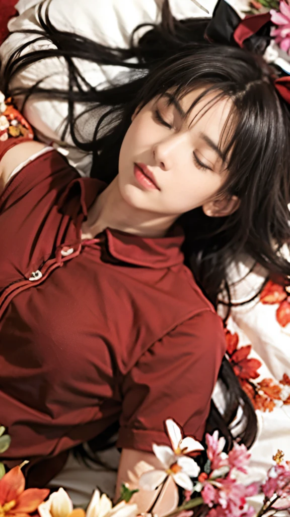 a girl laying on a bed of flowers with her eyes closed, rin tohsaka, reimu hakurei, artistic render of reimu hakurei, anime style like fate/stay night, iwakura lain, anime moe artstyle, close up iwakura lain, beautiful avatar pictures, by Jin Homura, haruhi suzumiya