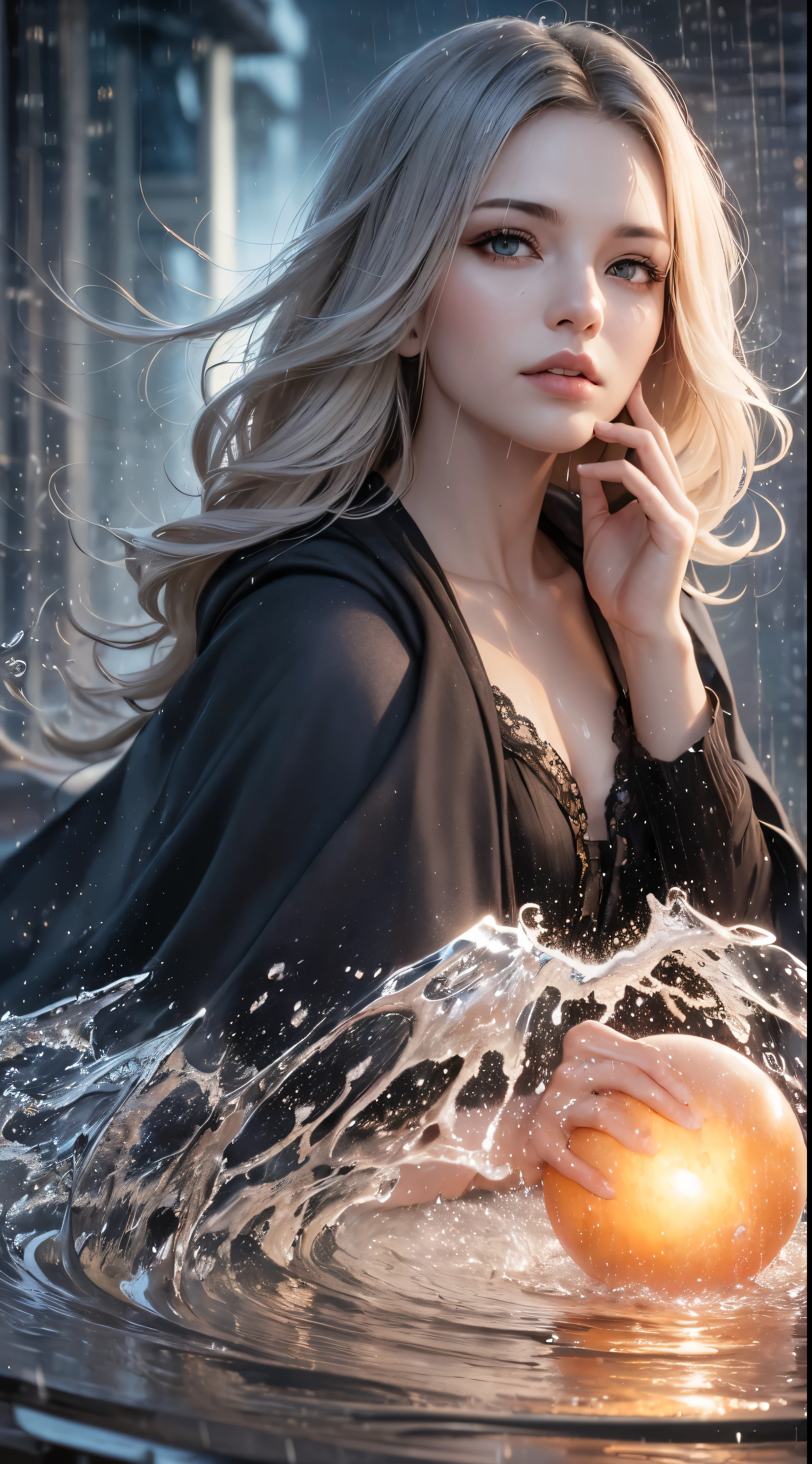 (skin dents:1.5), realistic, realistic, (table top:1.5), concept art, intricate details, very detailed, realistic, octane rendering, 8k, unreal engine, dynamic pose, highest quality, High resolution, (realistic face:1.1), (超realistic:1.1), ((full_body)), perfect eyes,(shiny skin:1.2), (((hairstyle))), (((完璧な手のvery detailed背景), haunted island, ((dynamic background)), ((lightning)), (light), (1 girl), wearing a cloak, (((flowing cloak))), ((fine eyes, high quality eyes, high quality face)), long hair, (((flowing hairstyle))), 1 girl ((controlling water)), (((whirlwind of water))), Ocean, tsunami, magic, (make a dramatic performance, written boundary depth, Bokeh, 4k, gothic, ((rain)), energy ball between hands