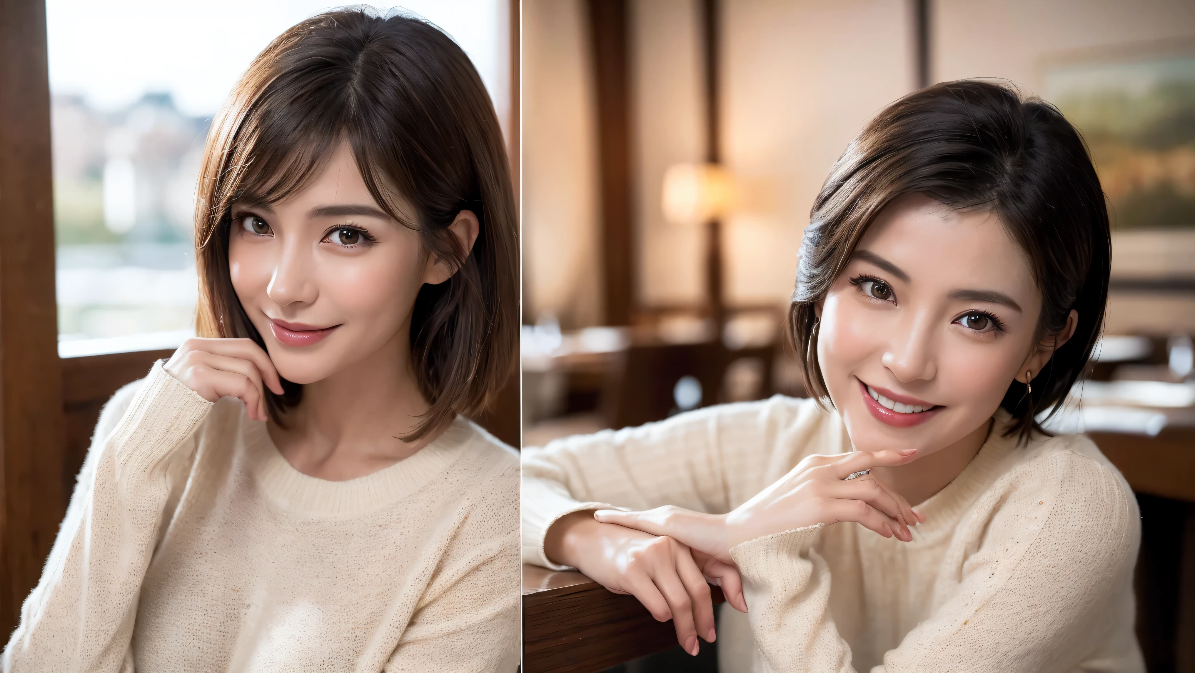 (including 64k、nffsw、highest quality、masterpiece:1.2)、(realistic、Photoreal:1.37)、Super detailed、wine glass、while enjoying wine、mature woman、two beautiful women、(slim face)、(because I'thin)、(brown hair)、(shortcut)、Latino、smileのフランス人女性、happy italian girl、british woman、Americana、cheeks slightly red、(36 years old)、39 years old、red wine、窓の外には美しく緻密なnight景が広がります.........、restaurant、目立つ場所にあるwine glass、night、(from the waist up)、sit on top、date、(laughter:1.15)、fine and beautiful eyes、cashmere sweater、long sleeve dress、Japanese、(short hair:1.2)、Float NovaFrogStyle、、modeled、from the waist up、White wine、turned into slime、wine glass、超綺麗なnight景、wine glassを真ん中に置きます、smile、(8k、RAW photo、highest quality、masterpiece:1.2)、(realistic、Photoreal:1.37)、Super detailed、超A high resolution、2 females、see the beholder、beautiful and detailed face、laughter、narrow、(slim waist) :1.3)、knit shirt、Fine and beautiful skin、skin texture、floating hair、professional light needle breast、kind eyes