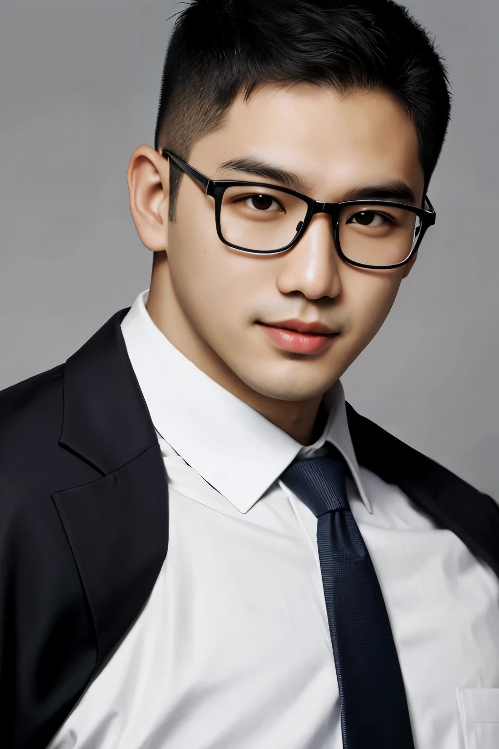 (protrait photo)asian man, 30 years old, project Manager。wear glasses,He is wearing a dark suit, Pair with a white shirt and dark tie。His hair is neat, Face clean and clean, round face,(buzz cut: 1.5),Slightly fat,Eyes reveal wisdom and confidence。He smiles and looks at the camera, Convey a professional and capable temperament, Ultra high quality, masterpiece, textured skin, high quality, high resolution, best quality, high detail,Half-length photo,ID photo