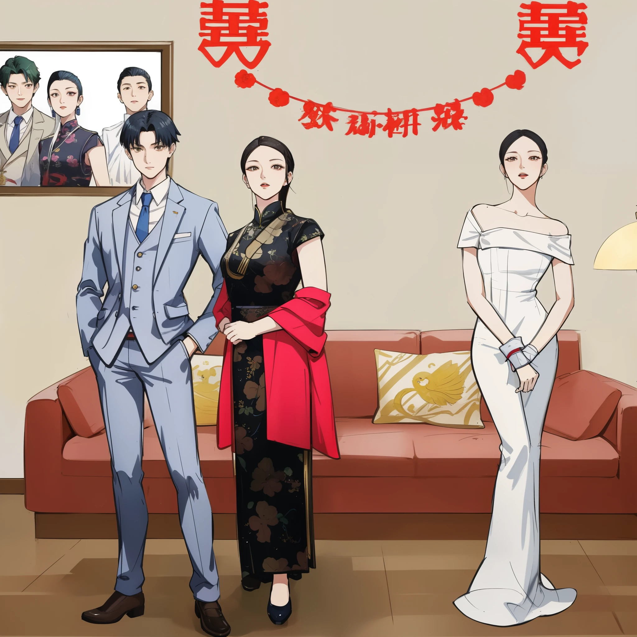 There are three people standing in the living room, GTA Chinatown art style, Ace lawyer style, phoenix wright, Official fan art, High quality fan art, Movie promotional pictures, Inspired by Yao Tingmei, in phoenix wright ace attorney, Inspired by Chen Daofu, 2 0 2 0 s Propaganda Art, Inspired by Zou Yigui, Award-winning anime style，Woman in white dress has her hands tied