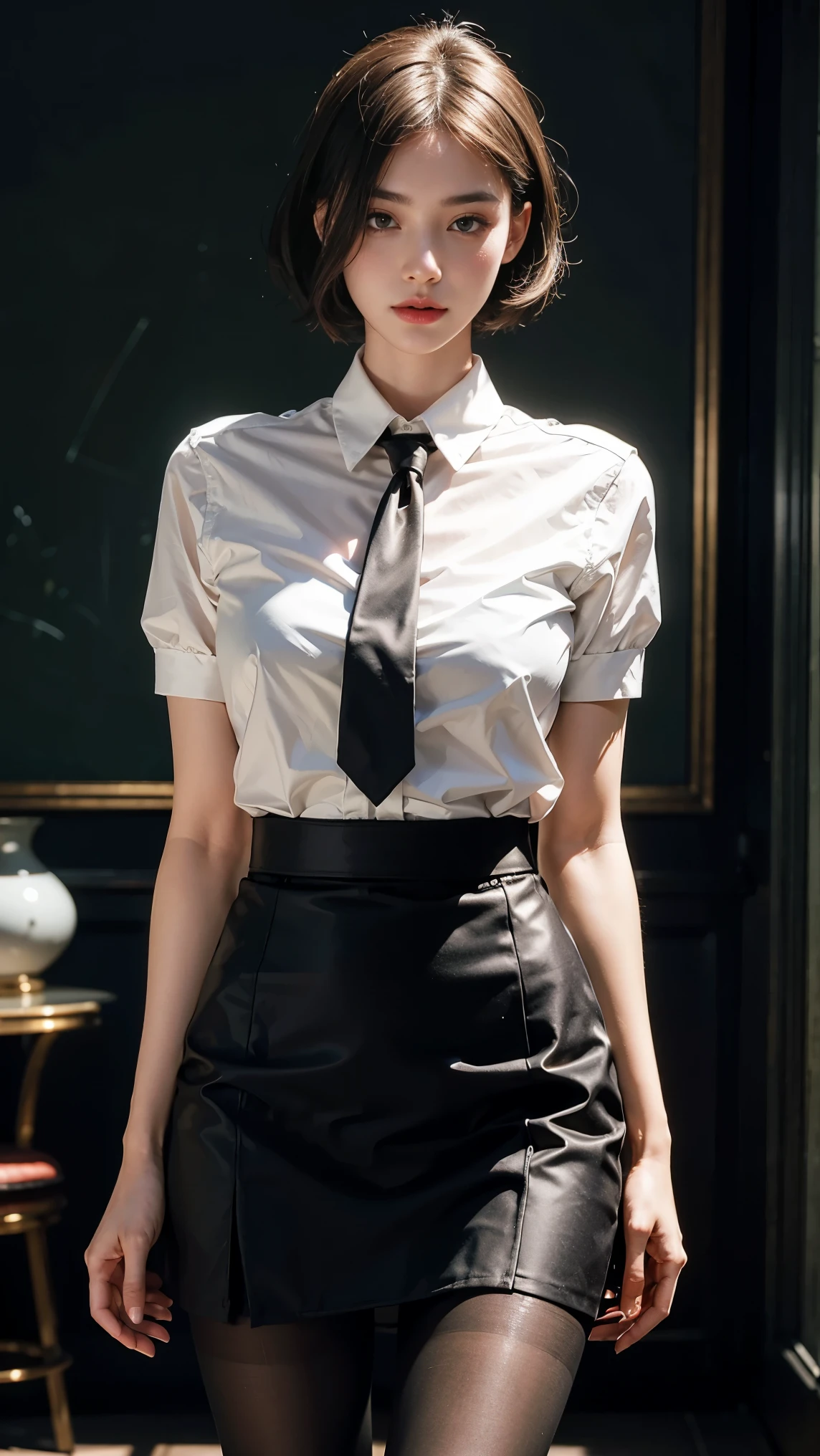 1girl,young girl, shiny skin,big breasts,nice leg line:1.3, thin waist,school uniform, thighhighs,necktie,((pencil skirt)),looking at viewer,from below,full body, ( pantyhose:1.3),(The golden ratio figure),
masterpiece, best quality, best perspective, ultra-detailed and intricate, extremely delicate and beautiful, best quality light, (ray tracing:1.1), anti-aliasing,
realistic,photorealistic,award-winning illustration,(intricate details:1.2),(delicate detailed) (intricate details),(cinematic light,best quality Backlights),clear line,sharp focus,official art,unity 8k wallpaper,absurdres,incredibly absurdres,huge filesize,ultra-detailed,highres,extremely detailed extremely delicate and beautiful,RAW photo, professional lighting,dynamic lighting,light on the face,depthoffield,solofocus,cool beauty,tall woman,black hair,short cut hair,Precisely expresses details such as face and skin texture,beautiful eye,double eyelid,delicate skin,slender body shape,alone,
