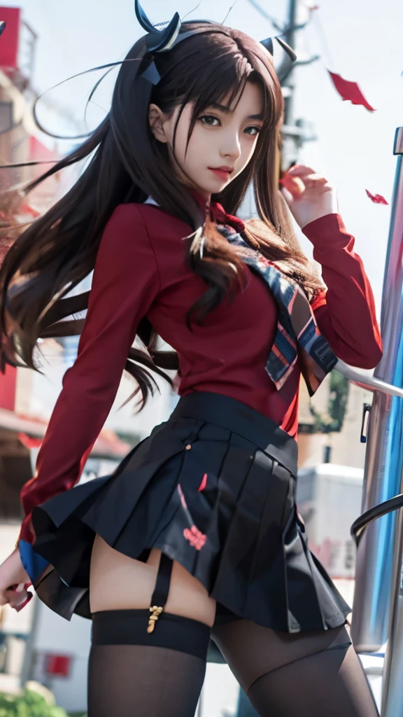 anime girl with long hair and horns in a red shirt, rin tohsaka, anime girl with long hair, seductive anime girl, attractive anime girl, beautiful anime high school girl, anime girl, beautiful anime girl, ilya kuvshinov with long hair, an anime girl, anime girls, clean detailed anime art, by Yang J, female action anime girl