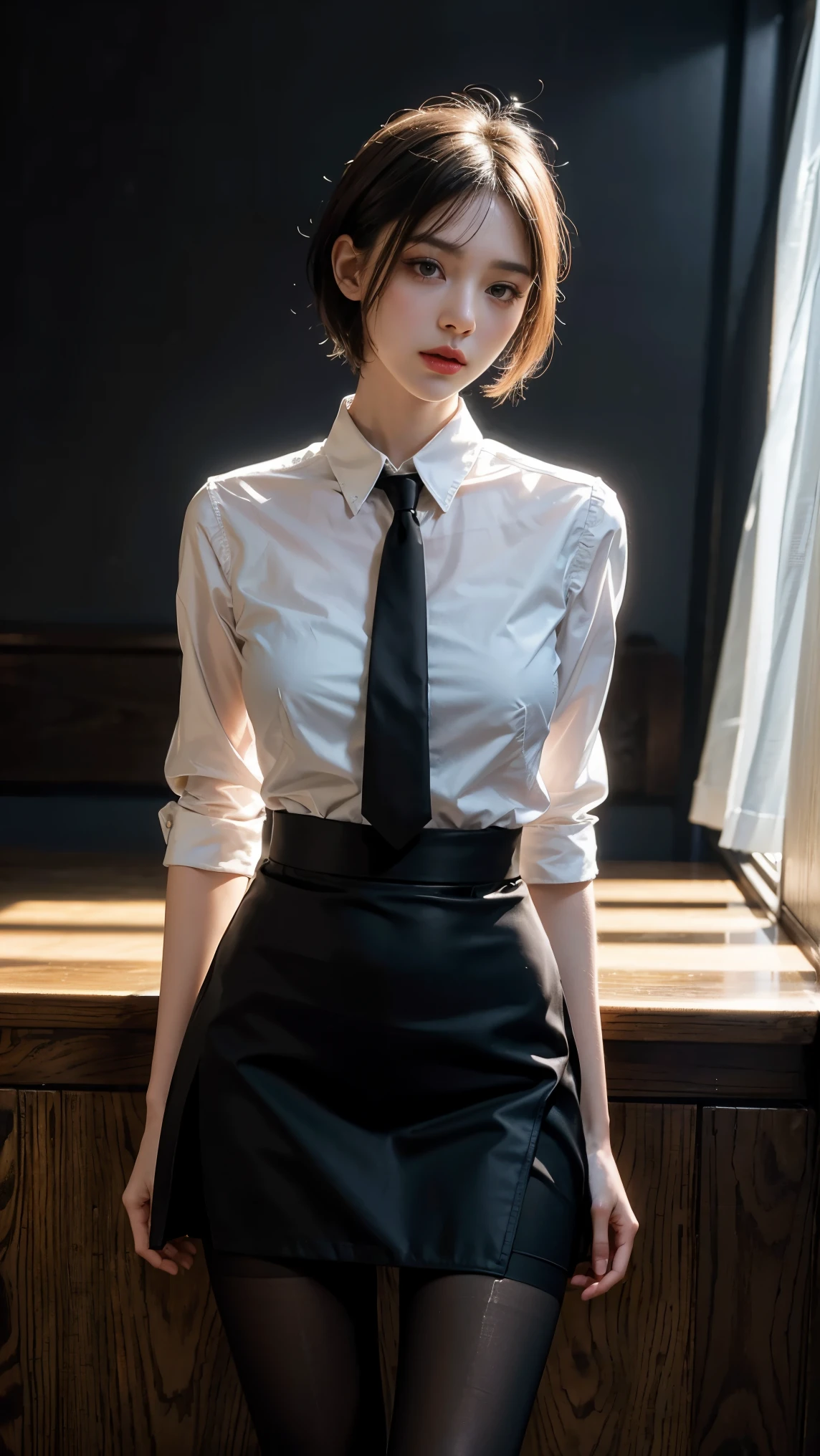 1girl,young girl, shiny skin,big breasts,nice leg line:1.3, thin waist,school uniform, thighhighs,necktie,((pencil skirt)),looking at viewer,from below,full body, ( pantyhose:1.3),(The golden ratio figure),
masterpiece, best quality, best perspective, ultra-detailed and intricate, extremely delicate and beautiful, best quality light, (ray tracing:1.1), anti-aliasing,
realistic,photorealistic,award-winning illustration,(intricate details:1.2),(delicate detailed) (intricate details),(cinematic light,best quality Backlights),clear line,sharp focus,official art,unity 8k wallpaper,absurdres,incredibly absurdres,huge filesize,ultra-detailed,highres,extremely detailed extremely delicate and beautiful,RAW photo, professional lighting,dynamic lighting,light on the face,depthoffield,solofocus,cool beauty,tall woman,black hair,short cut hair,Precisely expresses details such as face and skin texture,beautiful eye,double eyelid,delicate skin,slender body shape,alone,