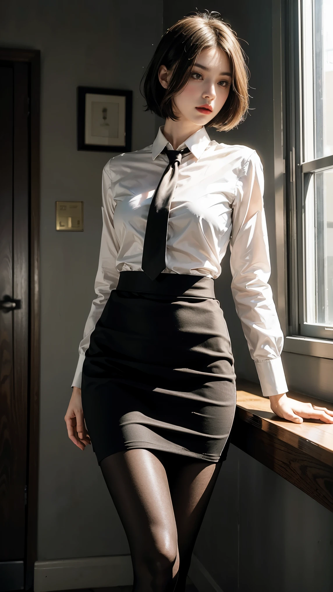 1girl,young girl, shiny skin,big breasts,nice leg line:1.3, thin waist,school uniform, thighhighs,necktie,((pencil skirt)),looking at viewer,from below,full body, ( pantyhose:1.3),(The golden ratio figure),
masterpiece, best quality, best perspective, ultra-detailed and intricate, extremely delicate and beautiful, best quality light, (ray tracing:1.1), anti-aliasing,
realistic,photorealistic,award-winning illustration,(intricate details:1.2),(delicate detailed) (intricate details),(cinematic light,best quality Backlights),clear line,sharp focus,official art,unity 8k wallpaper,absurdres,incredibly absurdres,huge filesize,ultra-detailed,highres,extremely detailed extremely delicate and beautiful,RAW photo, professional lighting,dynamic lighting,light on the face,depthoffield,solofocus,cool beauty,tall woman,black hair,short cut hair,Precisely expresses details such as face and skin texture,beautiful eye,double eyelid,delicate skin,slender body shape,alone,