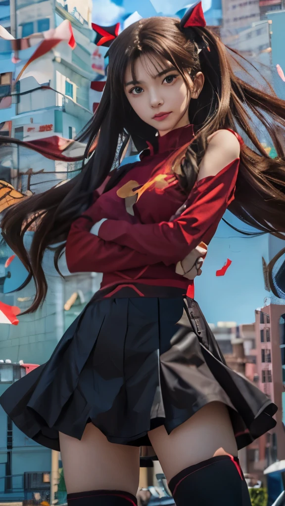anime girl with long hair and a red shirt standing in front of a city, artgerm and atey ghailan, anime girl with long hair, ilya kuvshinov with long hair, rin tohsaka, digital anime art, anime moe artstyle, detailed digital anime art, anime styled digital art, anime style 4 k, clean detailed anime art