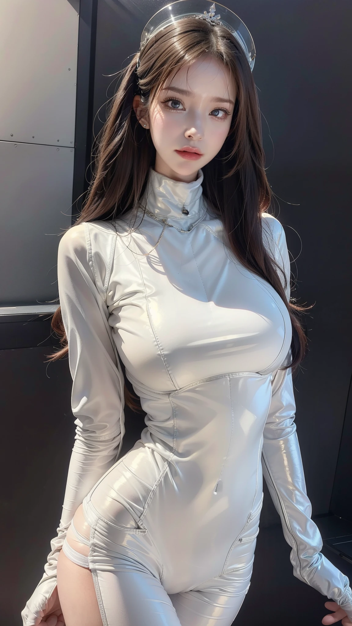1 Brunette beauty, (white) (one piece bodycon latex suit), (space suit) ((space helmet))((white gloves), {{illustration}}, {The ultimate sophistication and beauty}, {Exquisite makeup}, Super detailed, Sexy, Exquisite glowing eyes, {{movie lighting}}, Ultimate light effect, Model: realism, CFG scale: 12, lola: Bright texture (1.35), high quality, masterpiece, Exquisite facial features, Delicate hair depiction, Delicate depiction of eyes, masterpiece, best quality, Ray tracing, Extremely detailed CG unified 8k wallpaper, masterpiece, best quality