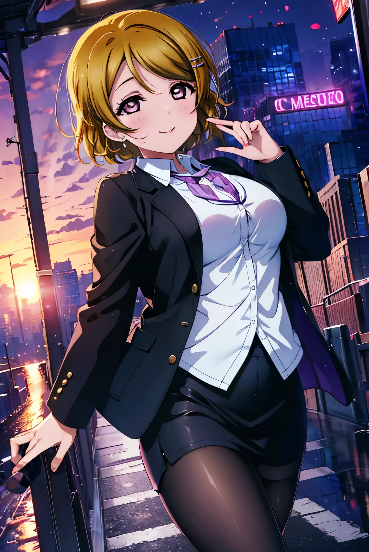 Hanayo Koizumi,Hanayo koizumi, brown hair,short hair,(purple eyes:1.5) (big breasts:1.2),smile,blush,Black Abyss glasses, end, black suit jacket, collared jacket, white dress shirt, collared shirt, neckline, button, strap, ID card on neck, black pencil skirt, black pantyhose, stiletto heels,evening,sunset,
break looking at viewer,
break outdoors, In town,building street,
break (masterpiece:1.2), highest quality, High resolution, unity 8k wallpaper, (figure:0.8), (detailed and beautiful eyes:1.6), highly detailed face, perfect lighting, Very detailed CG, (perfect hands, perfect anatomy),