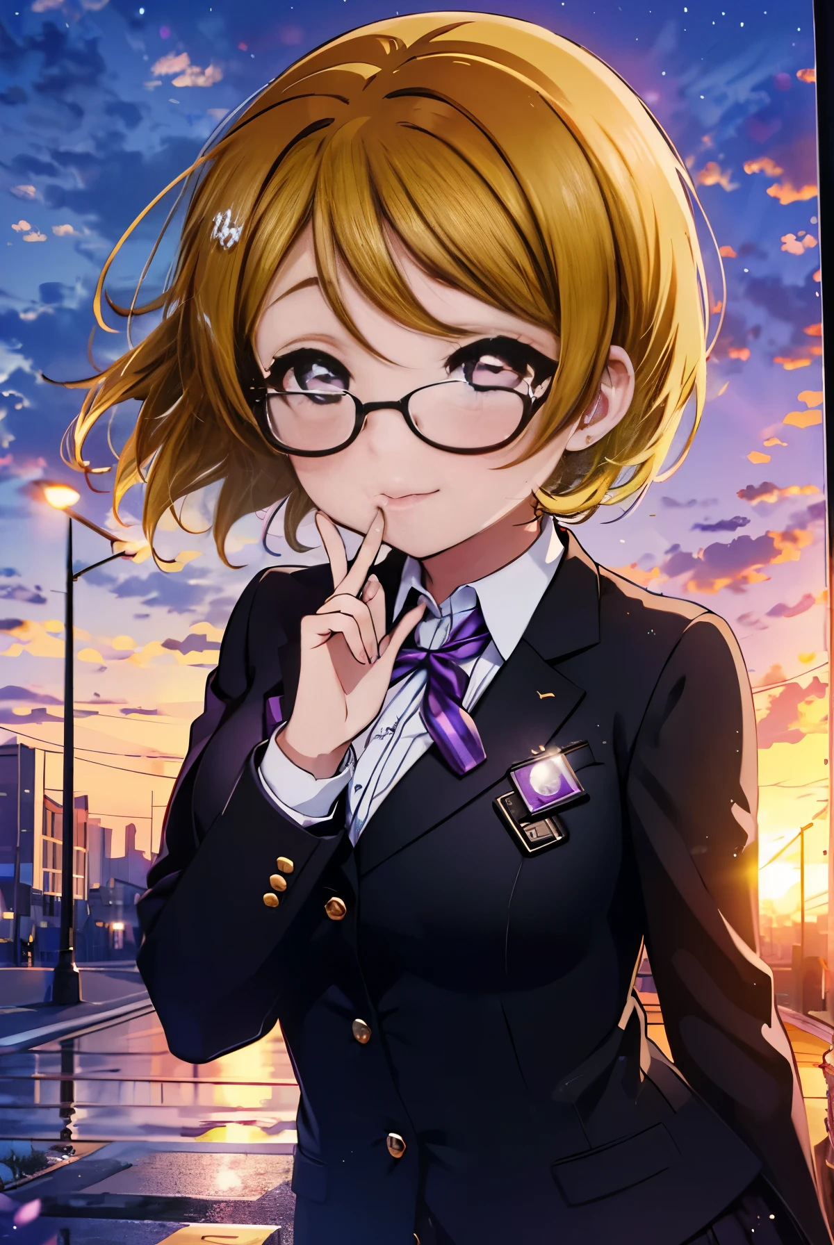 Hanayo Koizumi,Hanayo koizumi, brown hair,short hair,(purple eyes:1.5) (big breasts:1.2),smile,blush,Black Abyss glasses, end, black suit jacket, collared jacket, white dress shirt, collared shirt, neckline, button, strap, ID card on neck, black pencil skirt, black pantyhose, stiletto heels,evening,sunset,
break looking at viewer,
break outdoors, In town,building street,
break (masterpiece:1.2), highest quality, High resolution, unity 8k wallpaper, (figure:0.8), (detailed and beautiful eyes:1.6), highly detailed face, perfect lighting, Very detailed CG, (perfect hands, perfect anatomy),