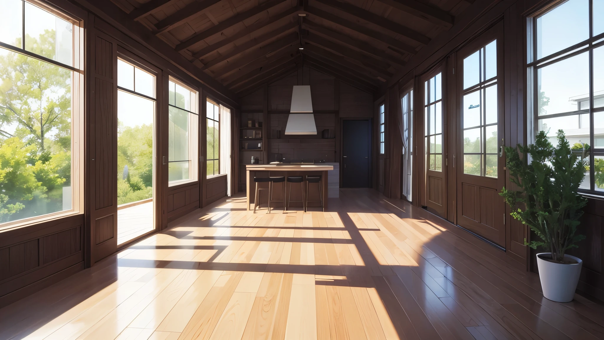 you are a famous interior designer、I was asked to create a 3D image of a large modern room.。. Create a harmonious environment with modern and minimalist furniture. Including garden interior.