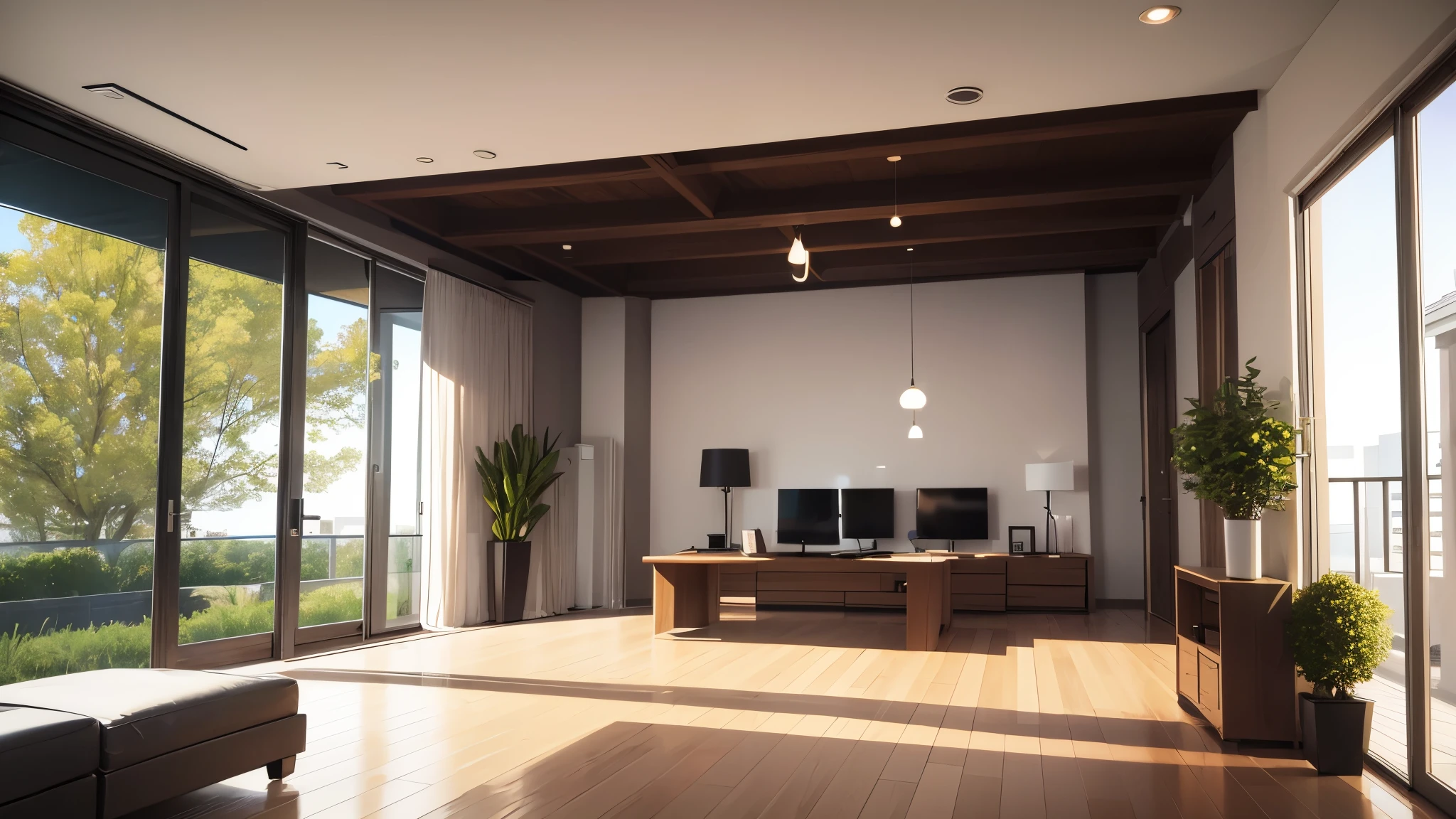 you are a famous interior designer、I was asked to create a 3D image of a large modern room.。. Create a harmonious environment with modern and minimalist furniture. Including garden interior.